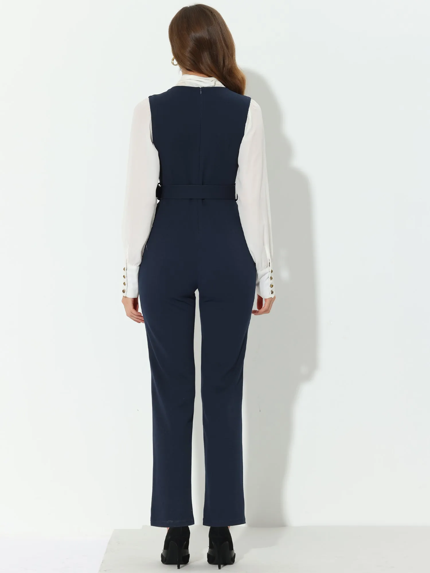 High Waisted Belted Sleeveless Long Suspender Overall Jumpsuit sold by Allegra K product image thumbnail 3