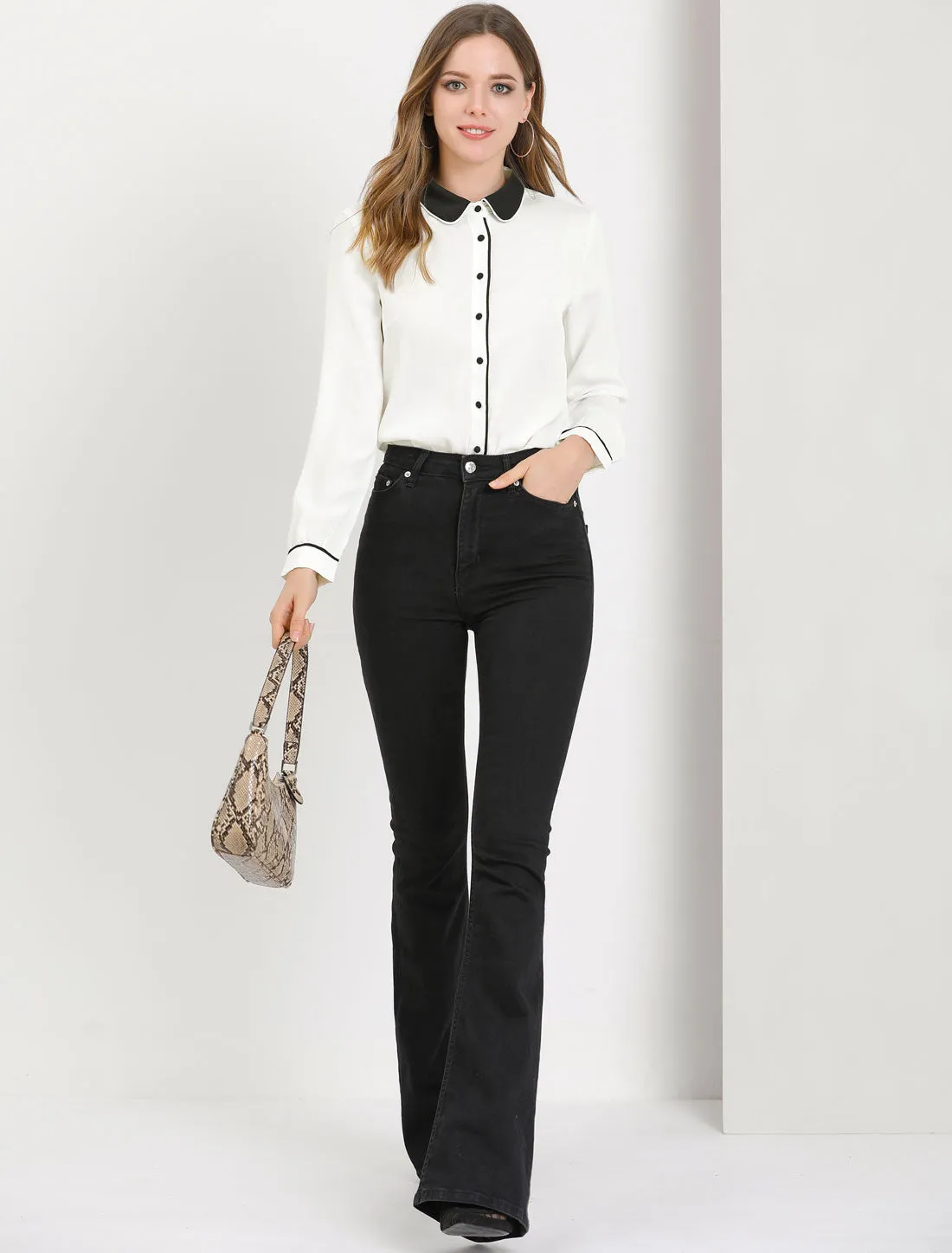 Button Down Long Sleeve Contrast Peter Pan Collar Office Blouse sold by Allegra K product image thumbnail 2