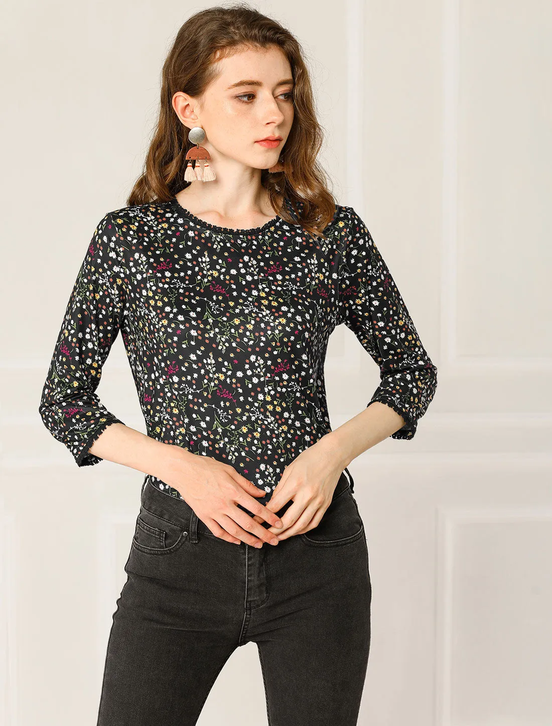 Crew Neck 3/4 Sleeve Lace Trim Floral Print Blouse sold by Allegra K product image thumbnail 3