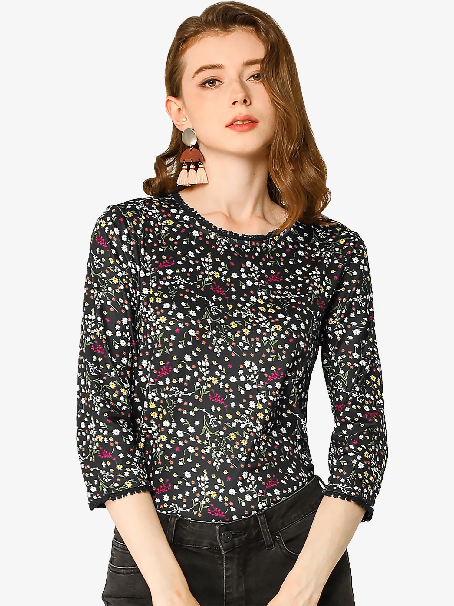 Crew Neck 3/4 Sleeve Lace Trim Floral Print Blouse sold by Allegra K