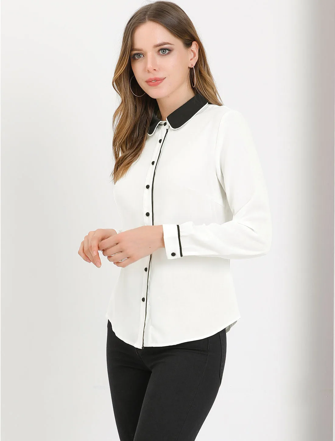 Button Down Long Sleeve Contrast Peter Pan Collar Office Blouse sold by Allegra K product image thumbnail 4