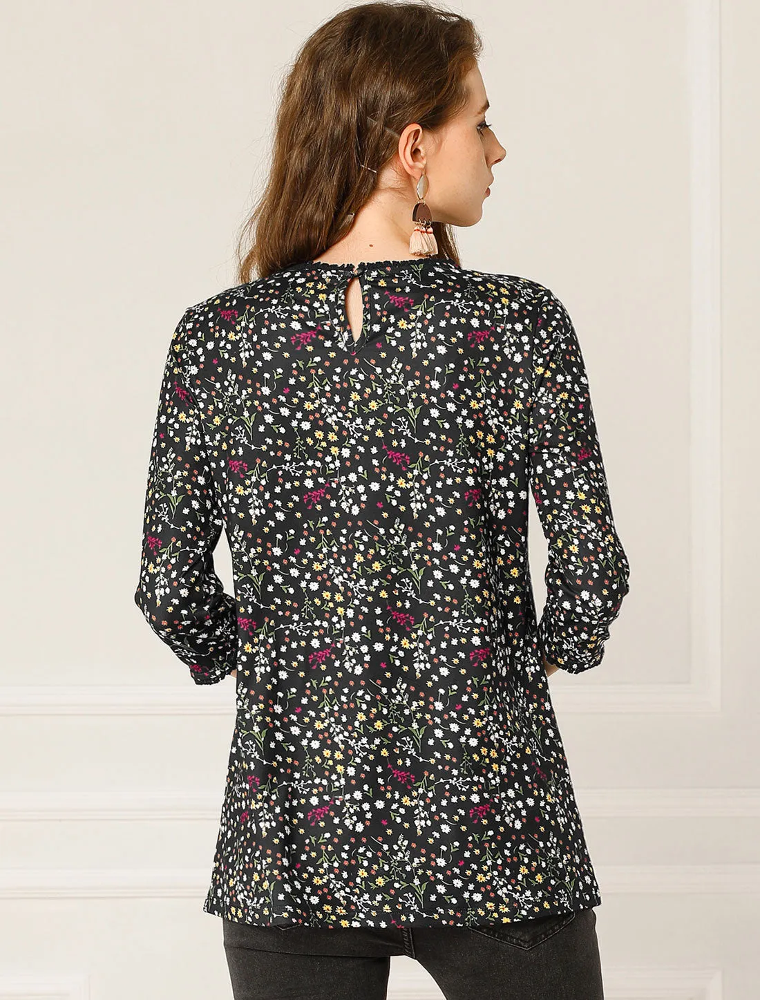 Crew Neck 3/4 Sleeve Lace Trim Floral Print Blouse sold by Allegra K product image thumbnail 5