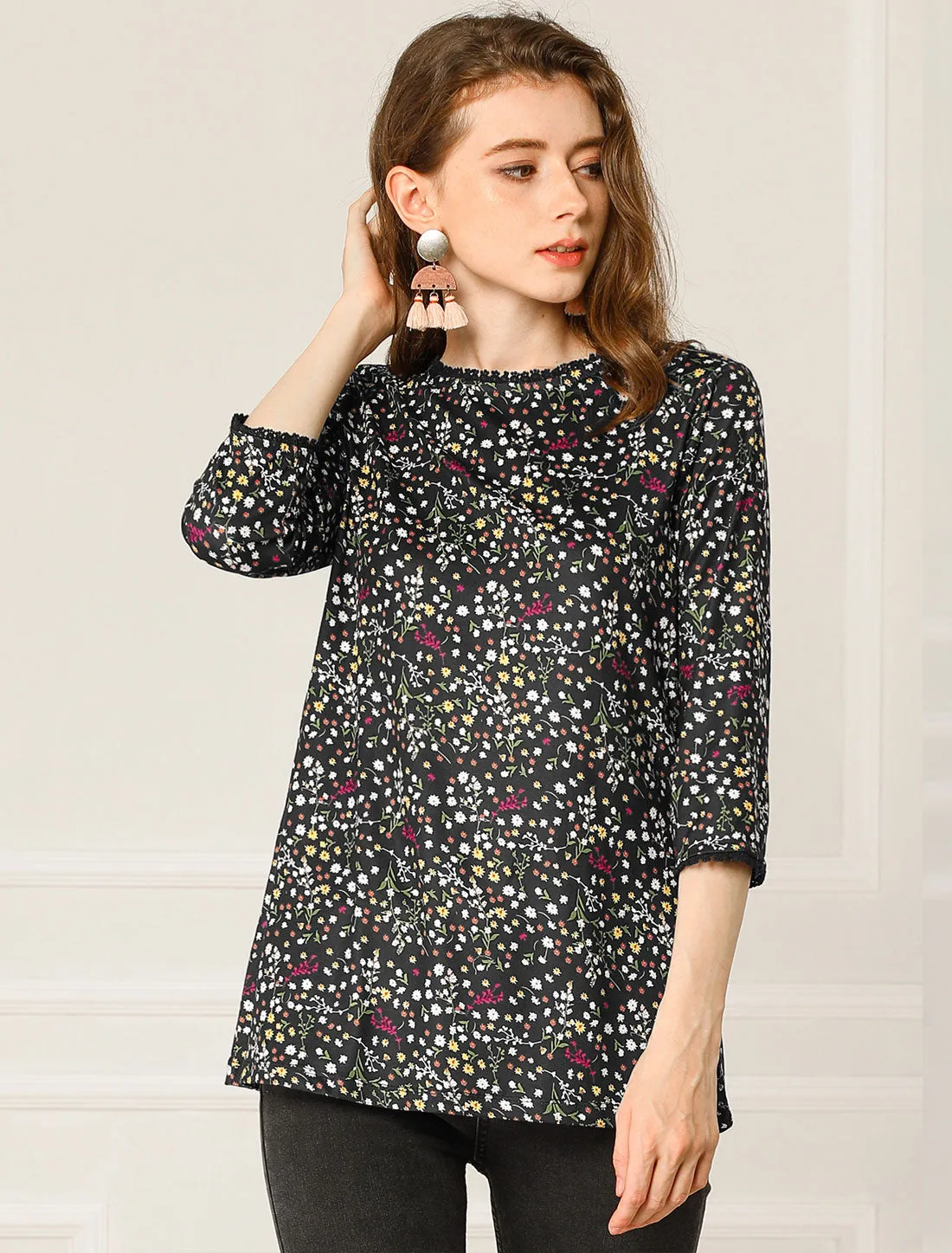 Crew Neck 3/4 Sleeve Lace Trim Floral Print Blouse sold by Allegra K product image thumbnail 4