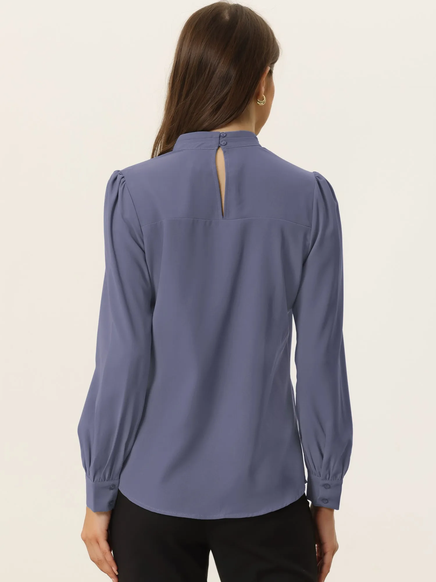 Work Keyhole Shirt Stand Collar Long Sleeve Chiffon Blouse sold by Allegra K product image thumbnail 3