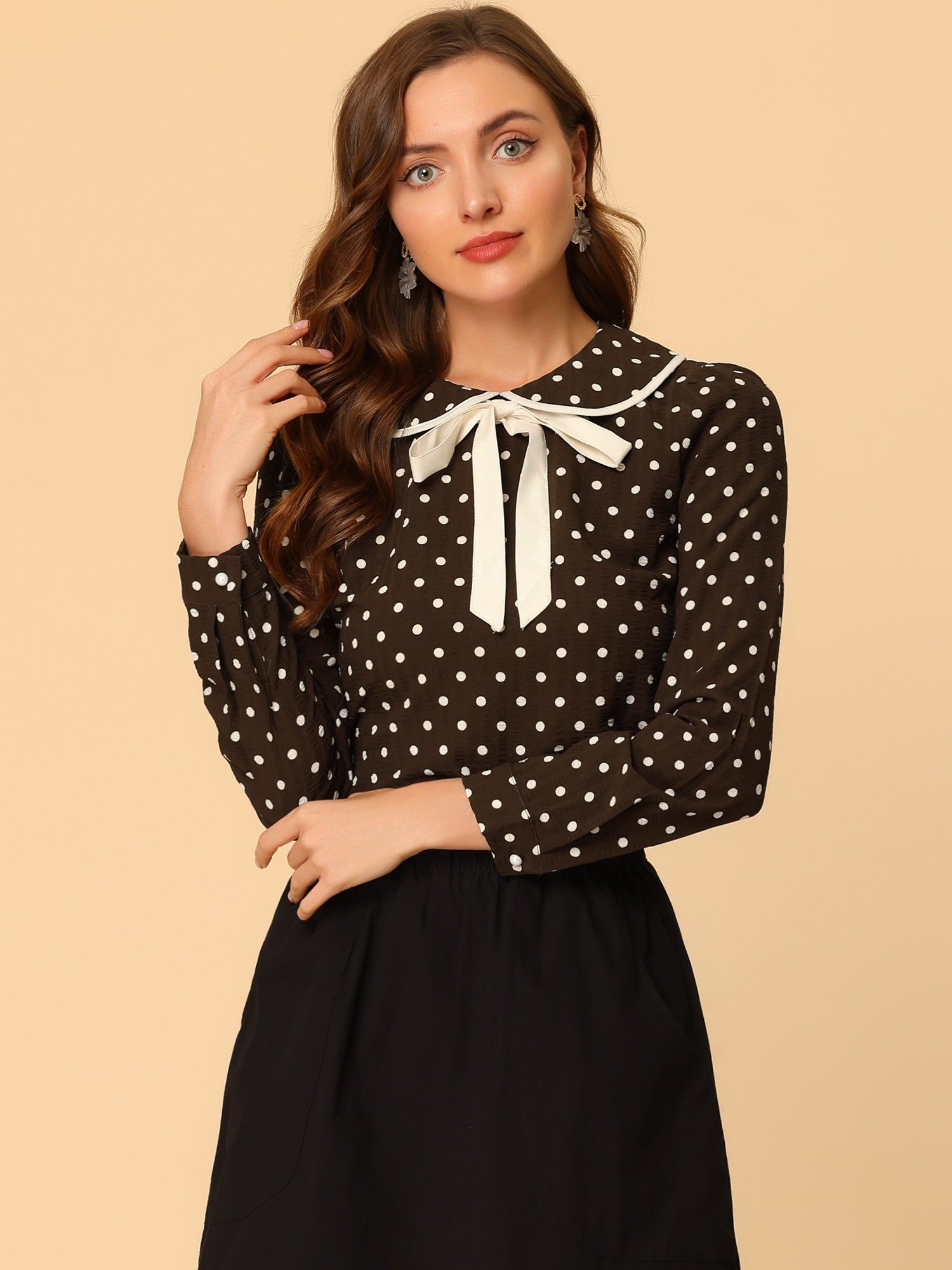 Polka Dots Shirt Tie Neck Peter Pan Collar Blouse sold by Allegra K product image thumbnail 2
