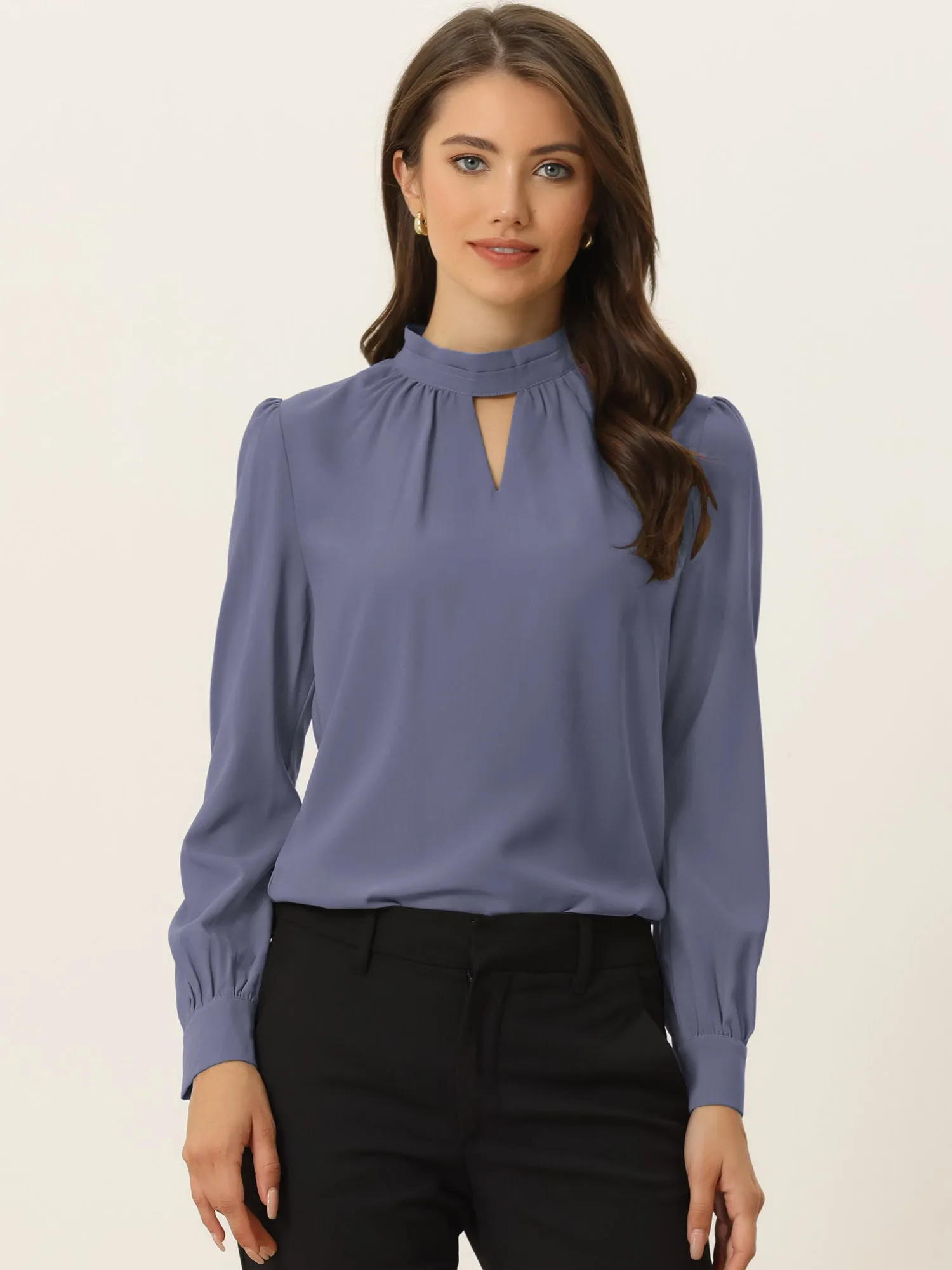 Work Keyhole Shirt Stand Collar Long Sleeve Chiffon Blouse sold by Allegra K