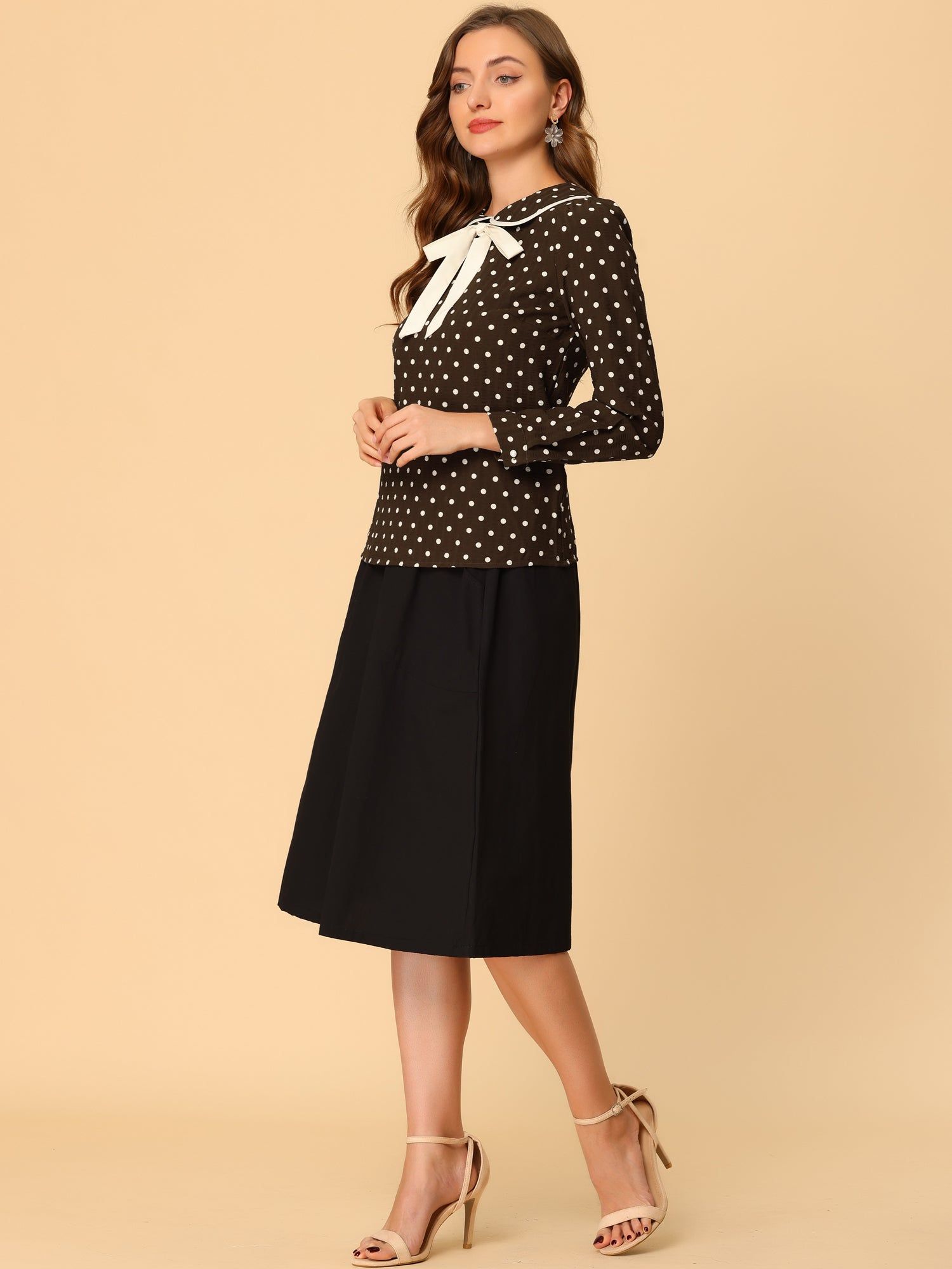 Polka Dots Shirt Tie Neck Peter Pan Collar Blouse sold by Allegra K