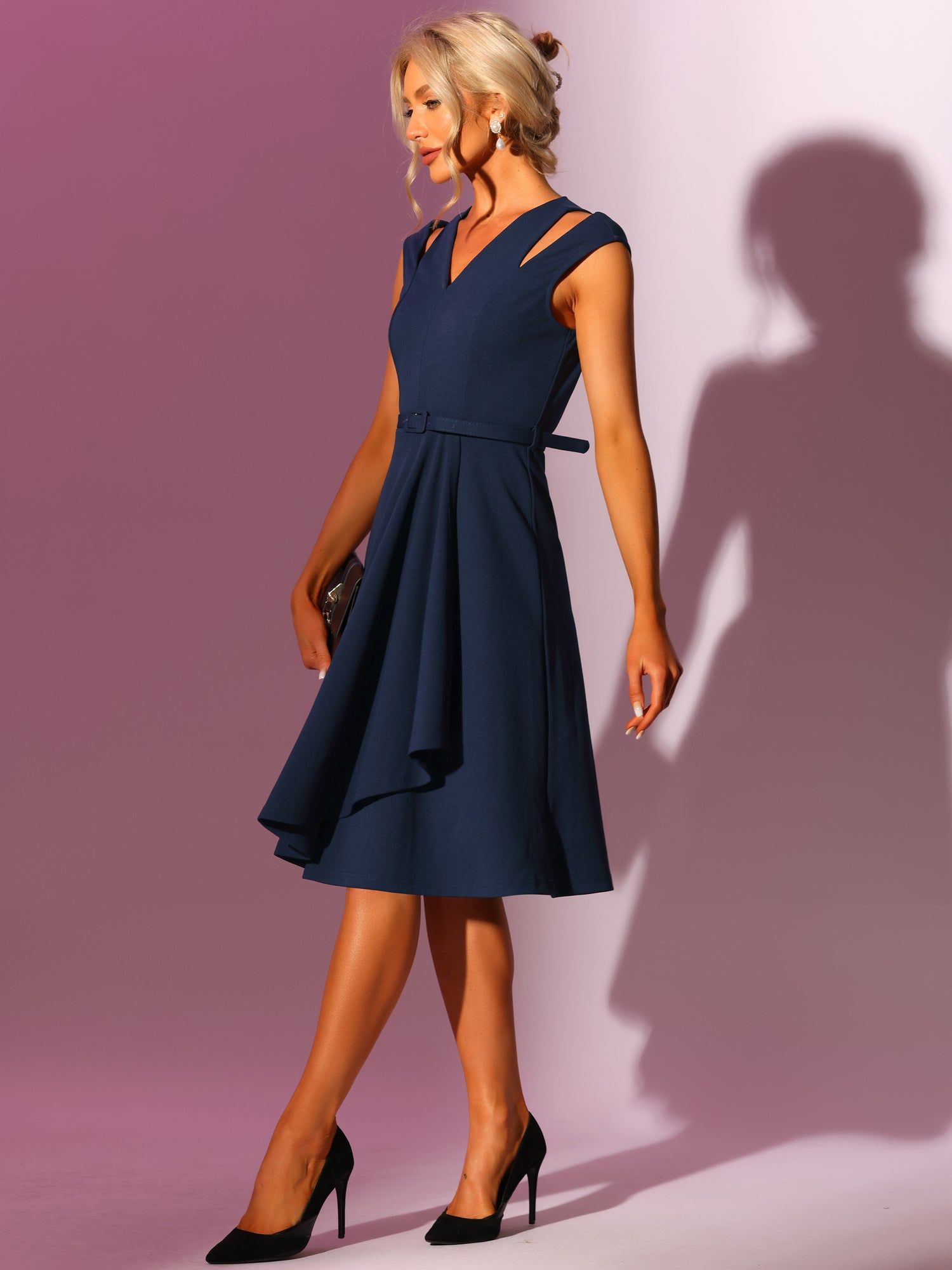 Sleeveless V Neck Faux Wrap Belted Fit and Flare Midi Dress sold by Allegra K product image thumbnail 2