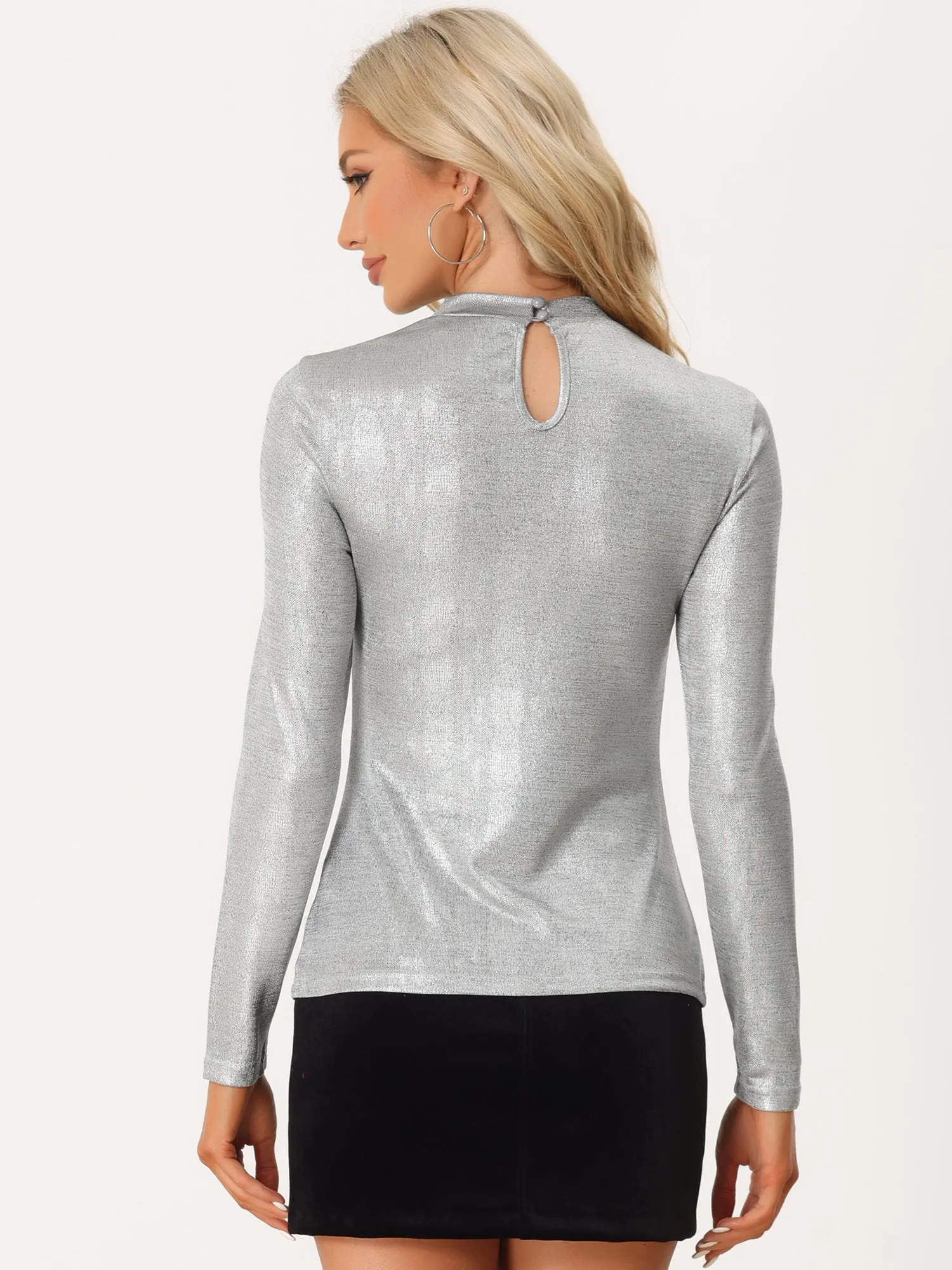 Glitter Party Top Mock Neck Long Sleeve Sexy Cutout T-Shirt sold by Allegra K product image thumbnail 3