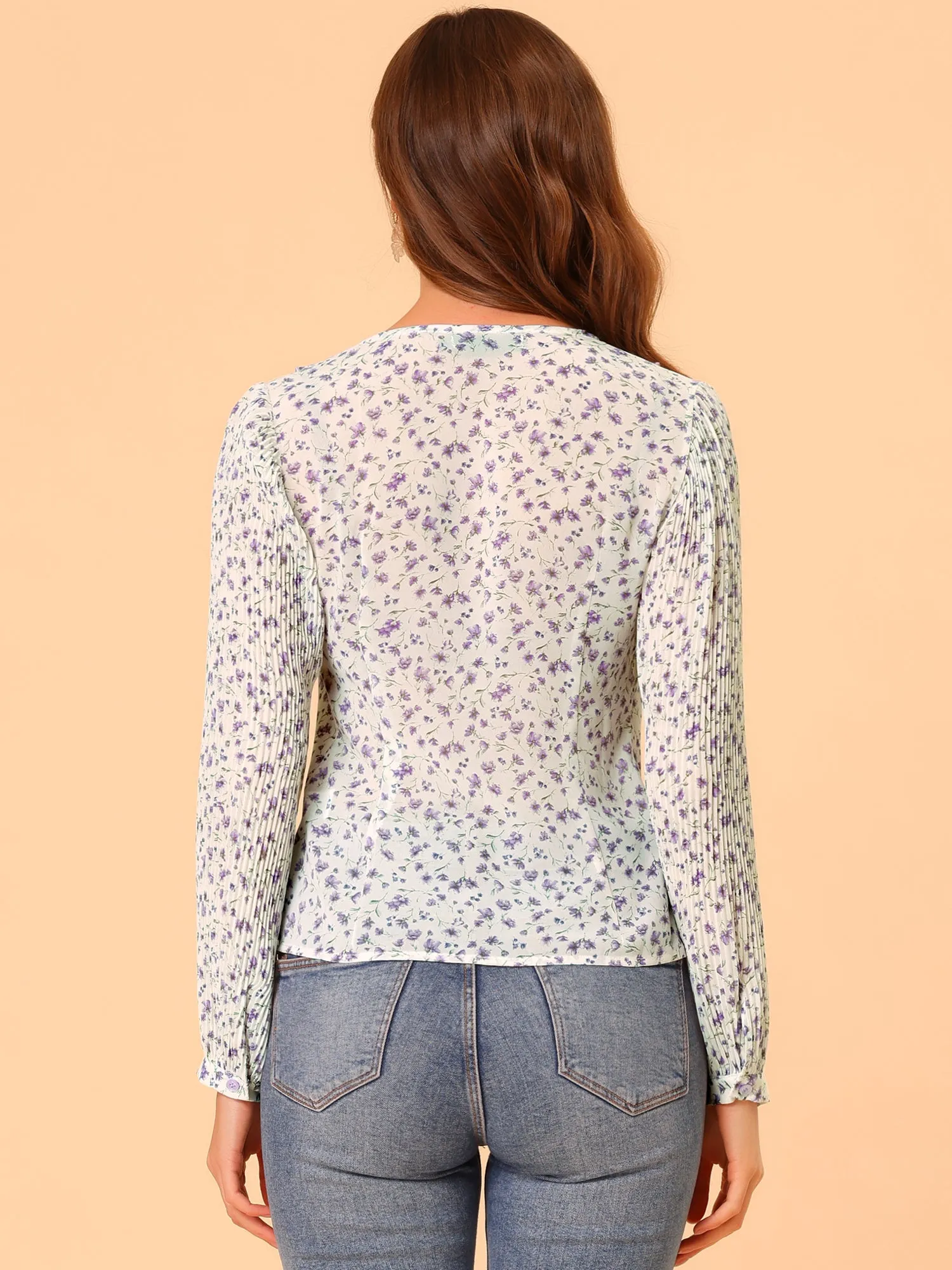 Ditsy Floral Cute Ruffle Collar Long Sleeve Summer Peasant Top sold by Allegra K product image thumbnail 3