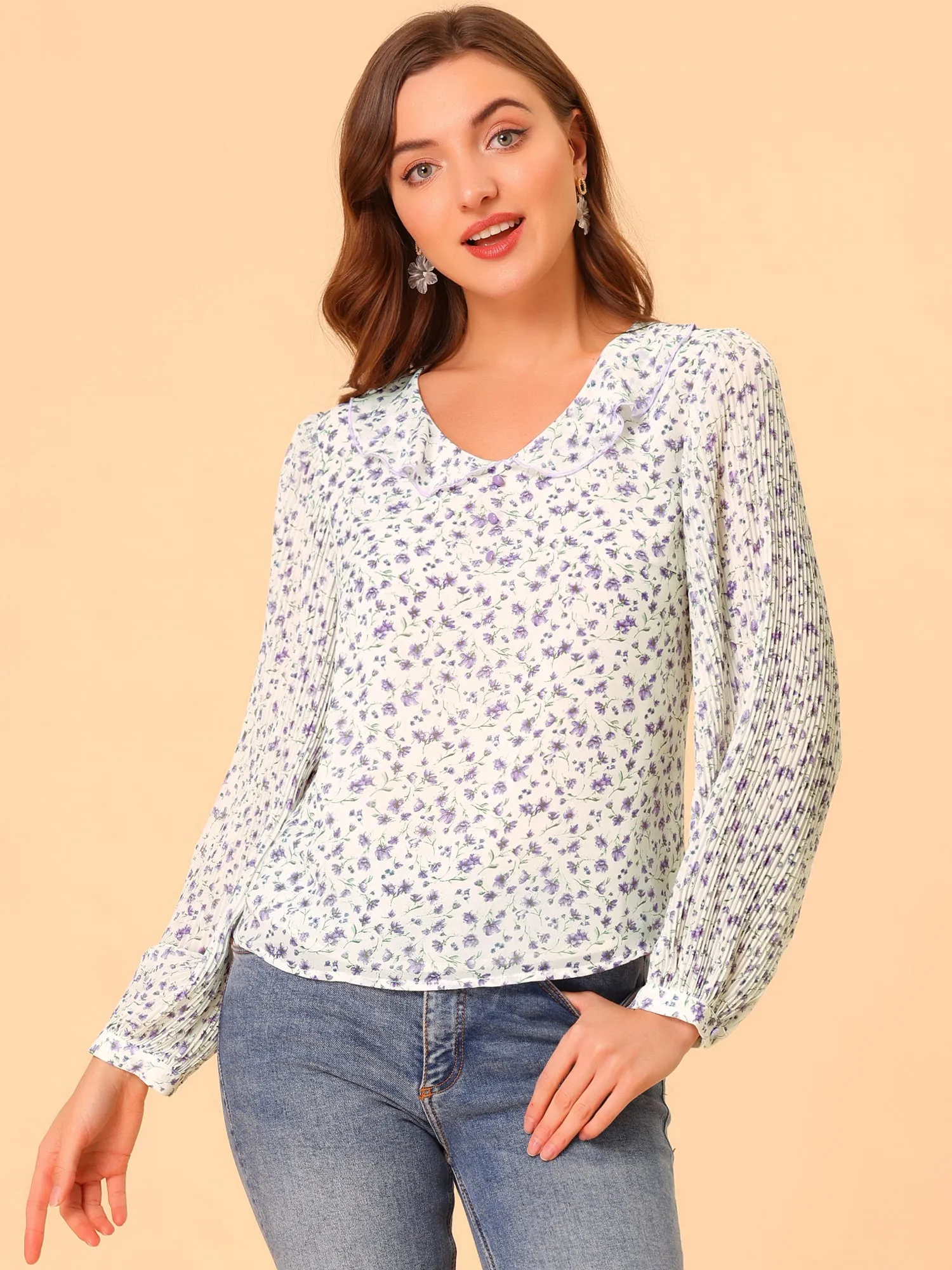 Ditsy Floral Cute Ruffle Collar Long Sleeve Summer Peasant Top sold by Allegra K
