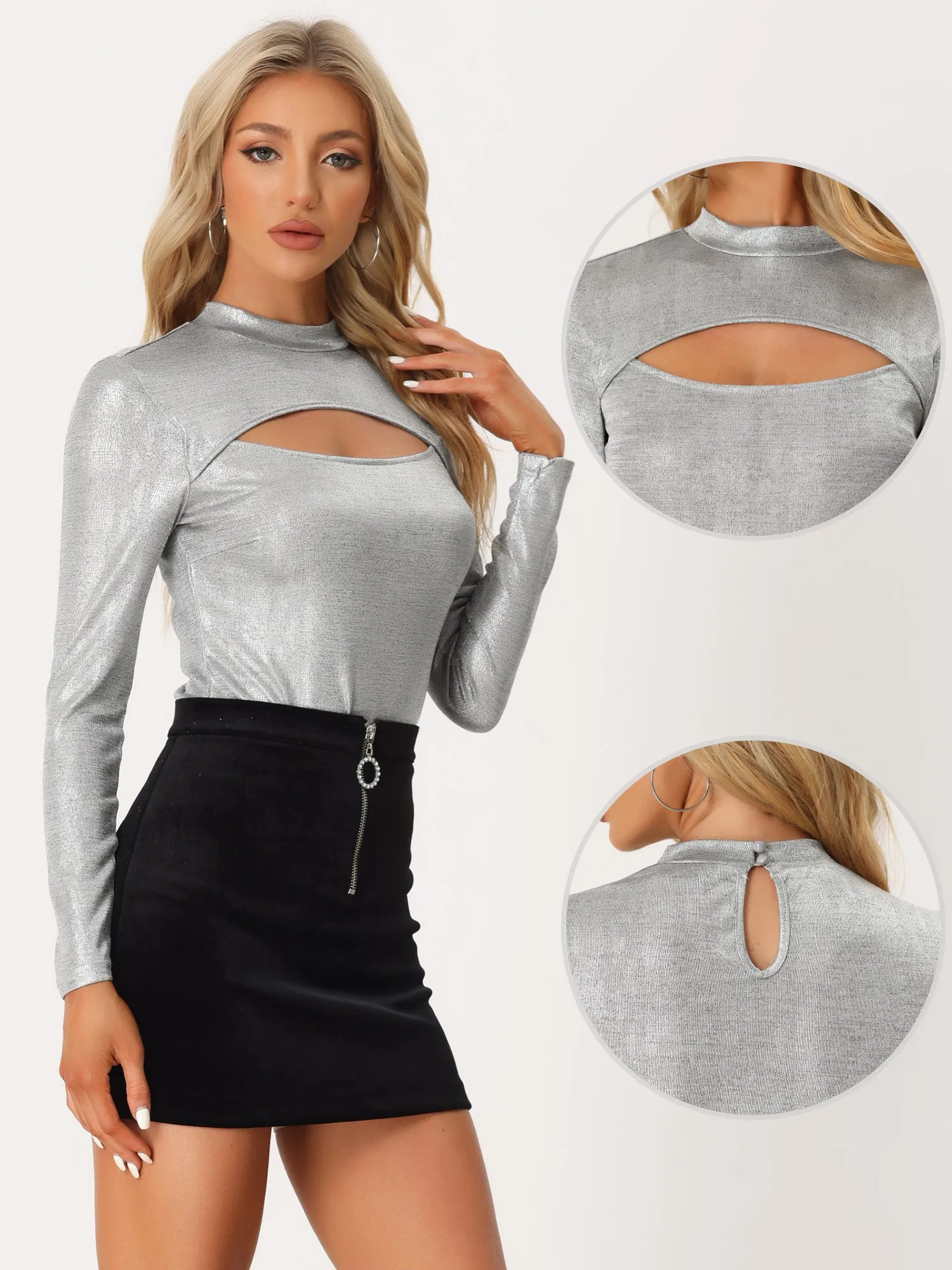 Glitter Party Top Mock Neck Long Sleeve Sexy Cutout T-Shirt sold by Allegra K product image thumbnail 2