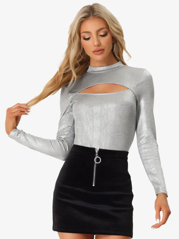 Glitter Party Top Mock Neck Long Sleeve Sexy Cutout T-Shirt sold by Allegra K