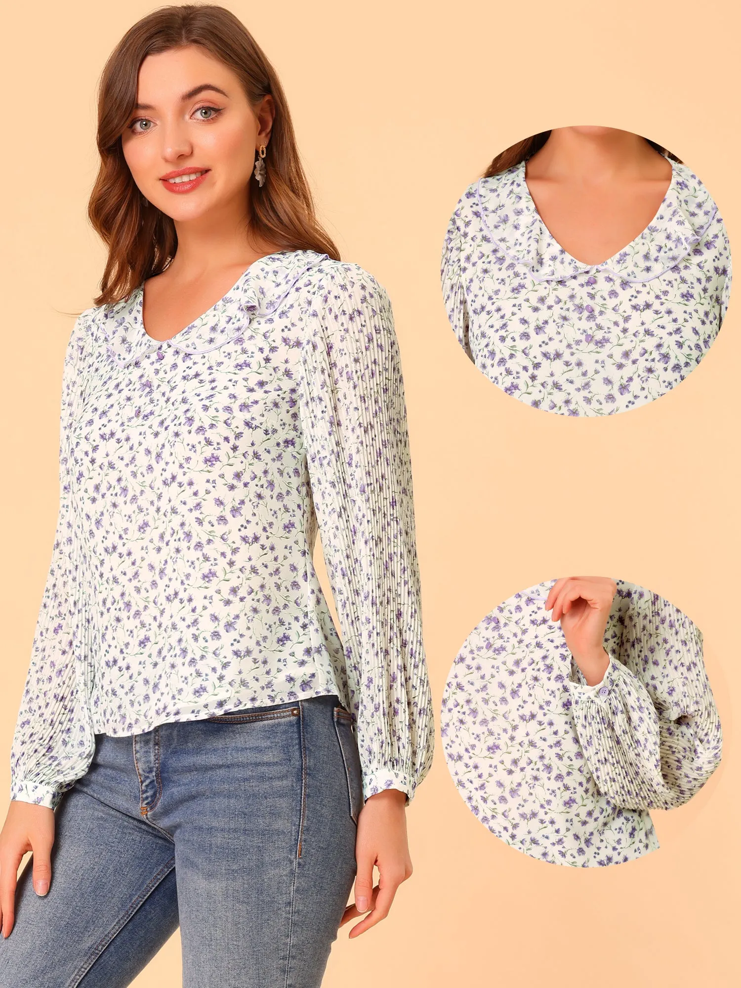 Ditsy Floral Cute Ruffle Collar Long Sleeve Summer Peasant Top sold by Allegra K product image thumbnail 2