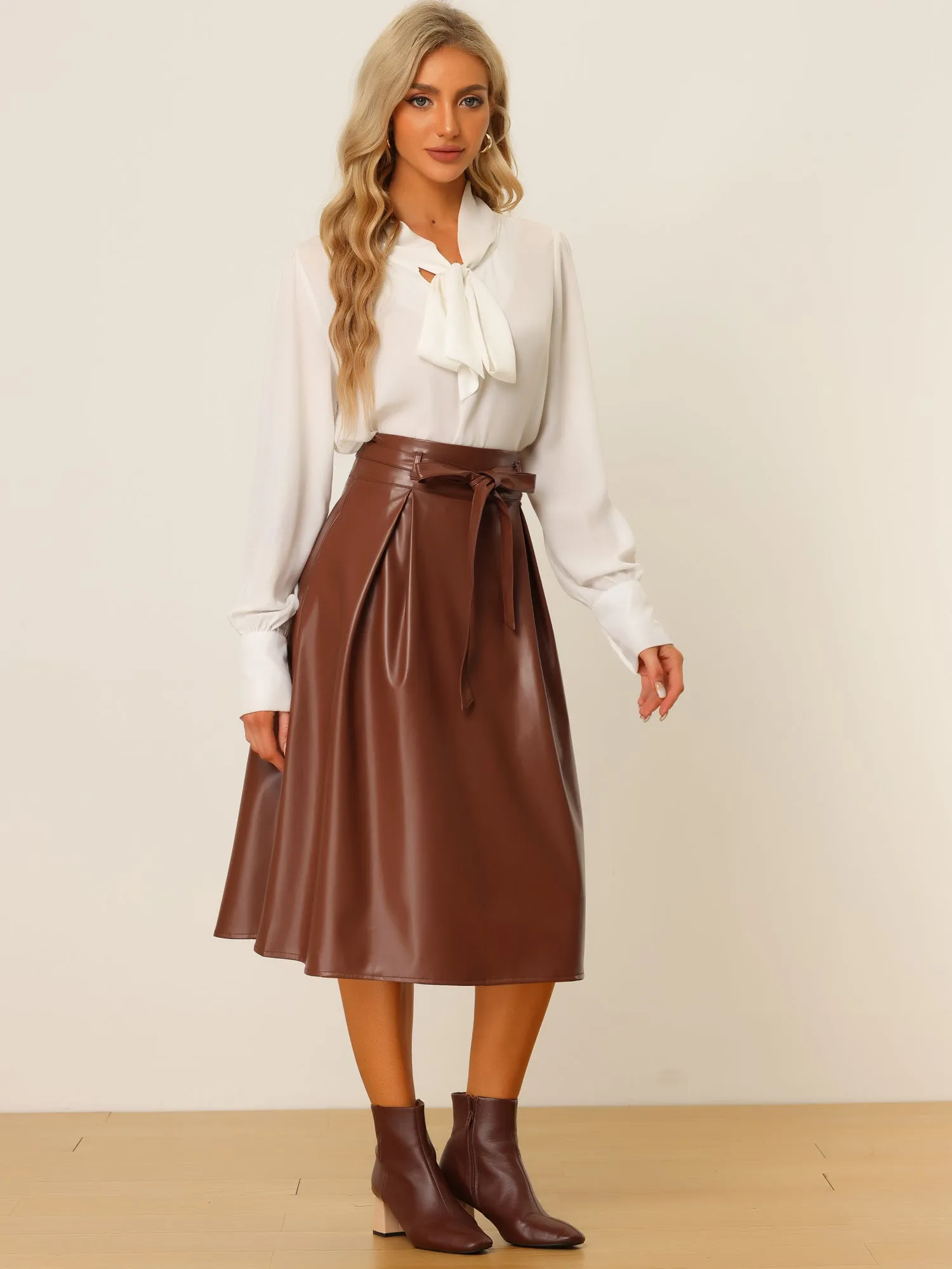 Faux Leather High Waist Belted A-line Flare Midi Skirt sold by Allegra K product image thumbnail 5
