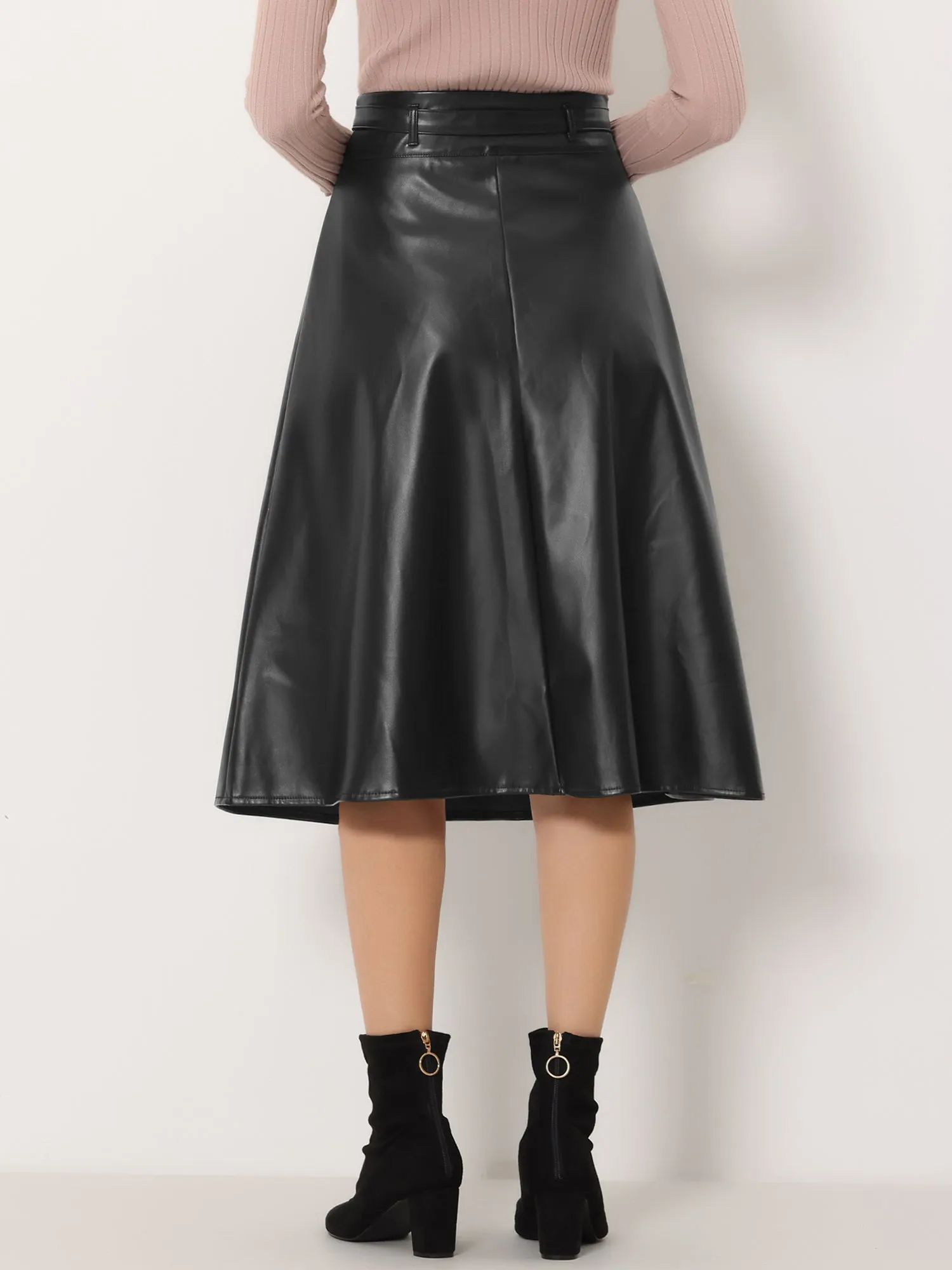 Faux Leather High Waist Belted A-line Flare Midi Skirt sold by Allegra K product image thumbnail 3