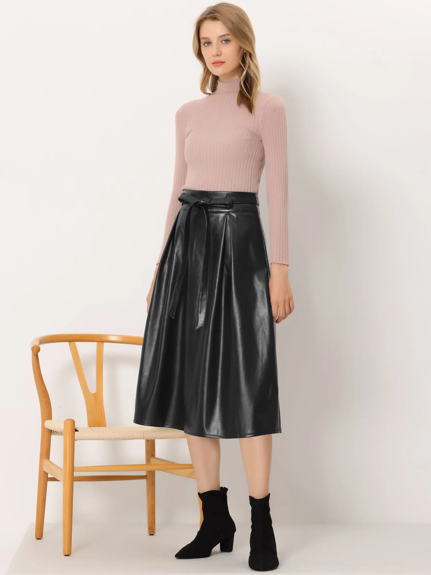 Faux Leather High Waist Belted A-line Flare Midi Skirt sold by Allegra K product image thumbnail 2