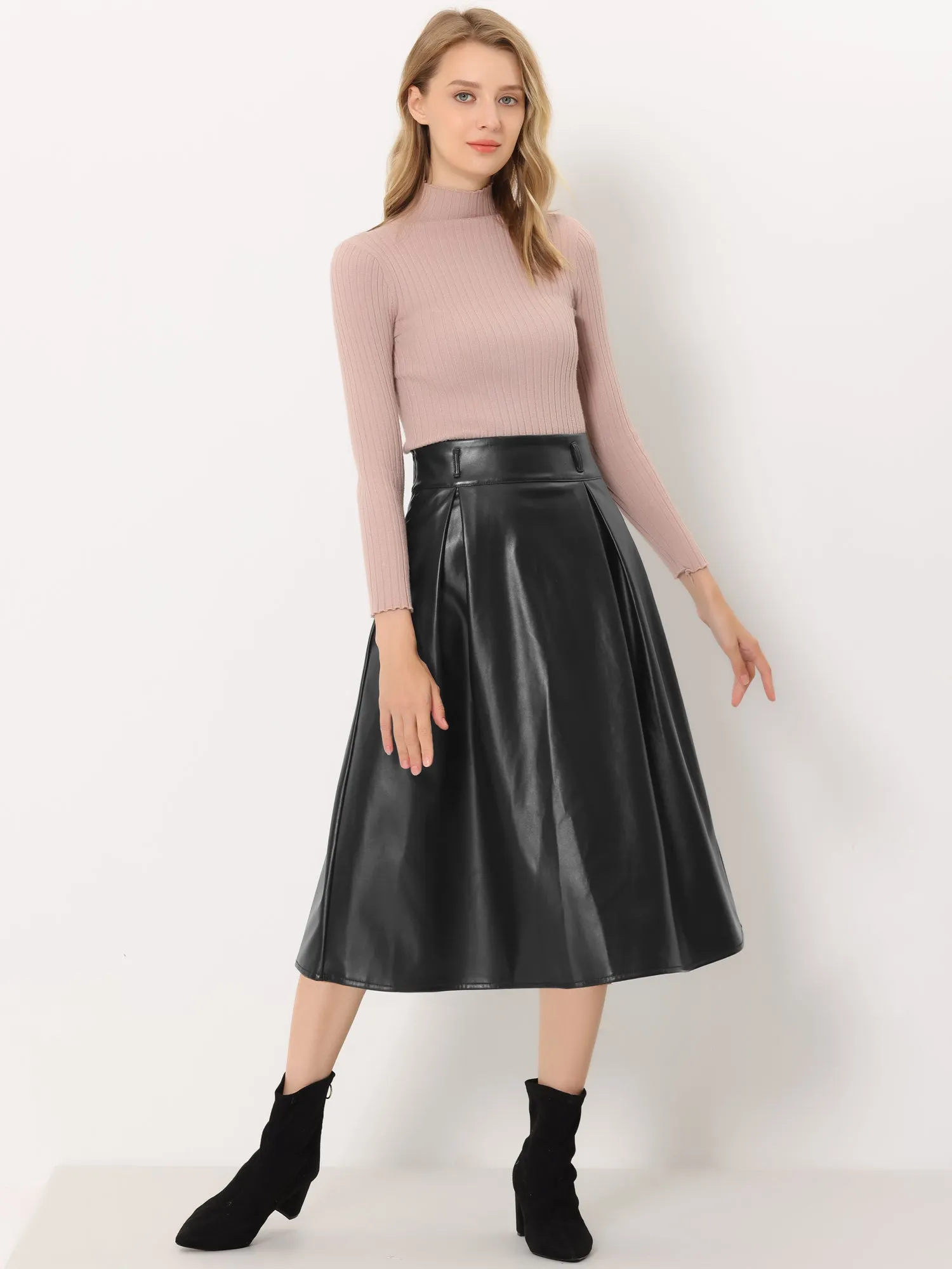 Faux Leather High Waist Belted A-line Flare Midi Skirt sold by Allegra K