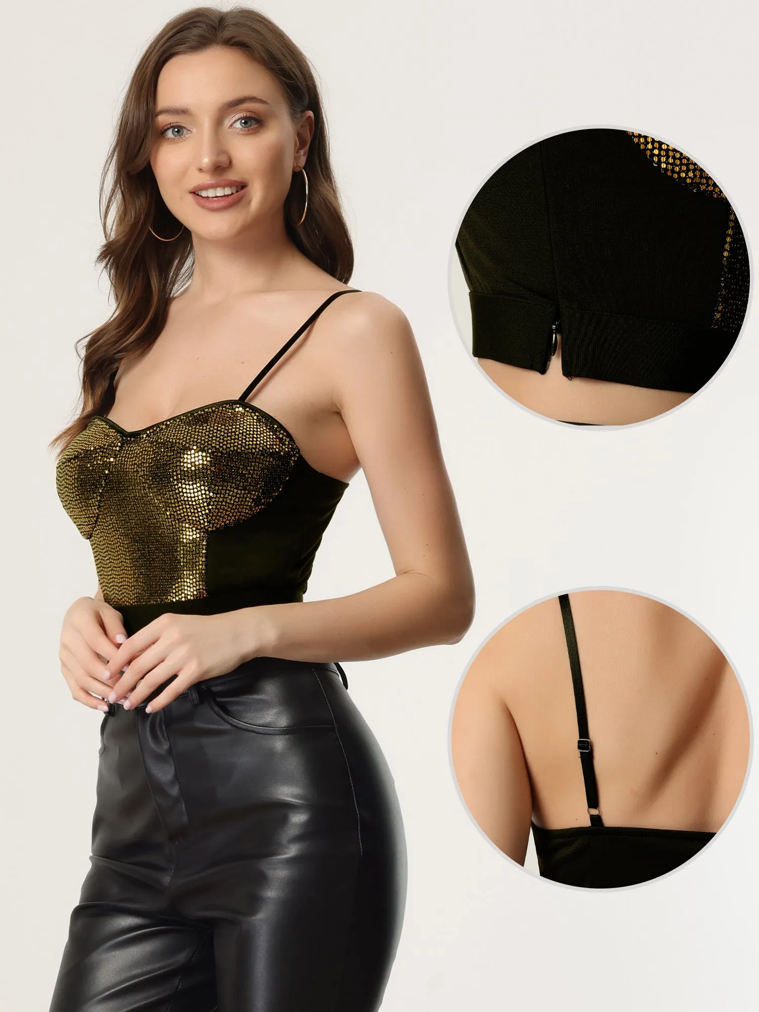 Sequined Spaghetti Strap Deep V Party Tube Crop Top sold by Allegra K product image thumbnail 2