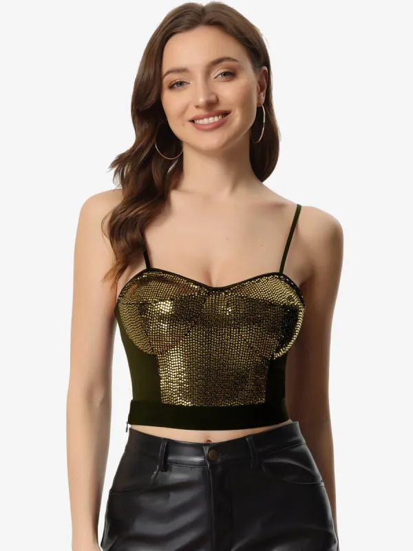 Sequined Spaghetti Strap Deep V Party Tube Crop Top sold by Allegra K
