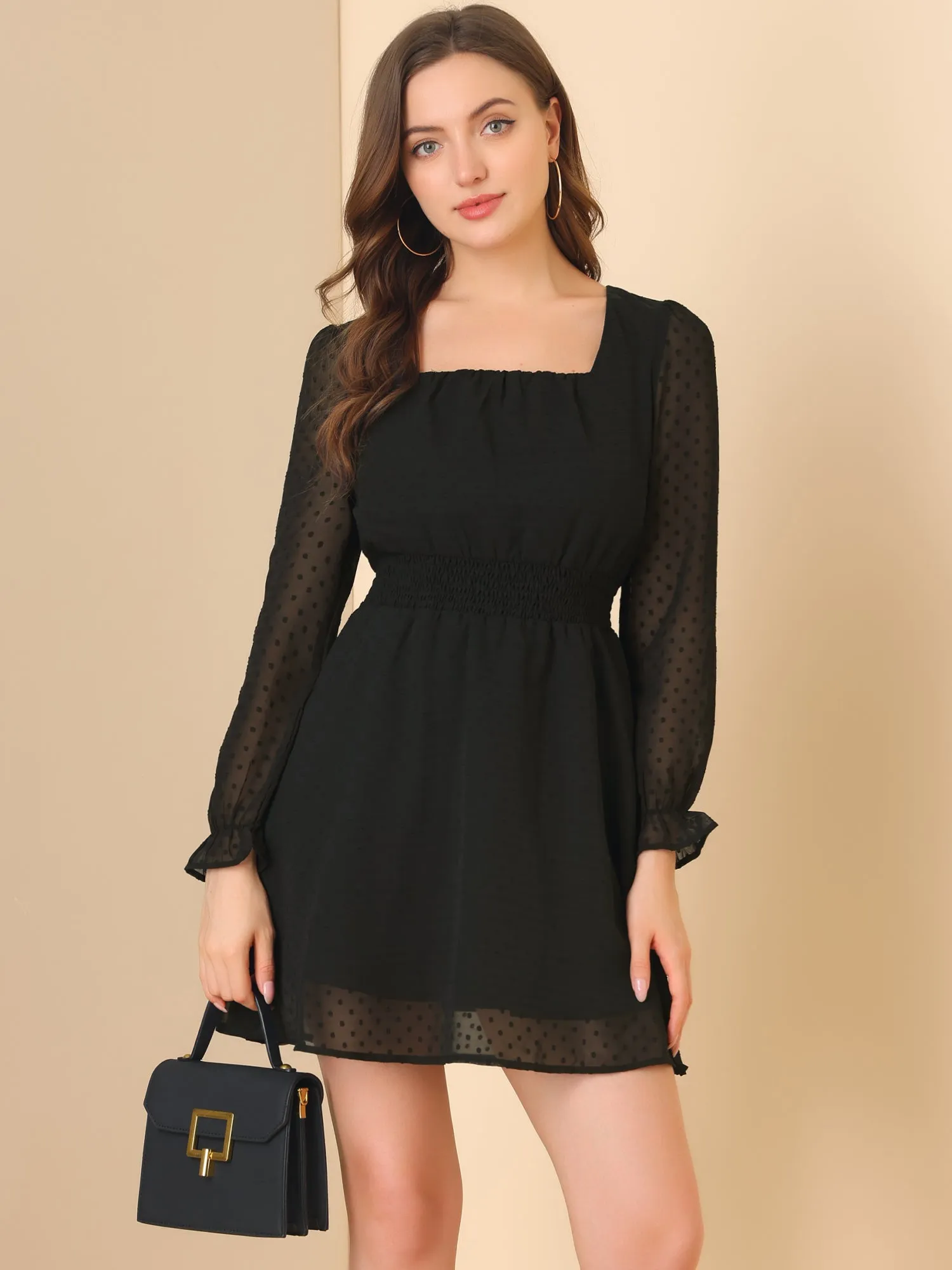 Swiss Dots Winter Smocked Waist Semi Sheer Mini A-Line Dress sold by Allegra K product image thumbnail 5