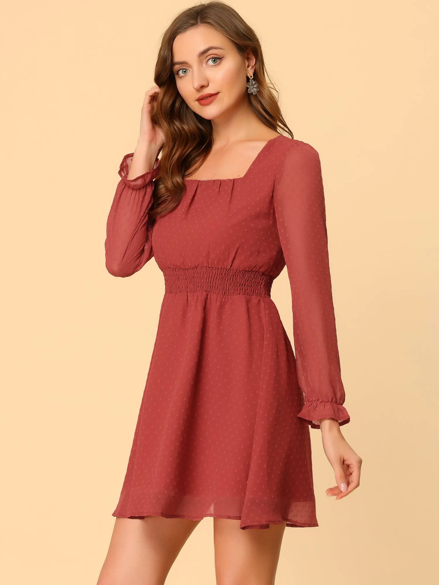 Swiss Dots Winter Smocked Waist Semi Sheer Mini A-Line Dress sold by Allegra K product image thumbnail 3