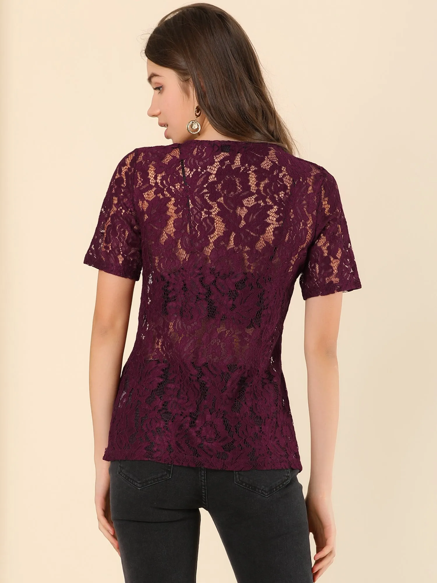 Tie V Neck Short Sleeve Sheer Floral Lace Blouse Top sold by Allegra K product image thumbnail 4