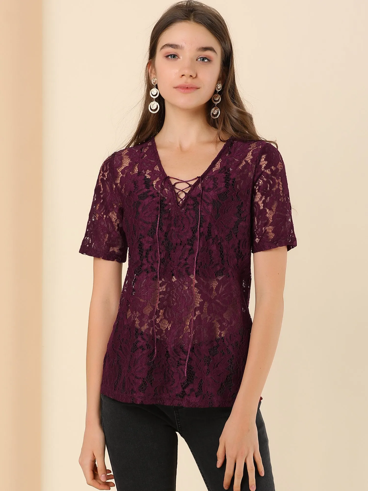 Tie V Neck Short Sleeve Sheer Floral Lace Blouse Top sold by Allegra K product image thumbnail 2