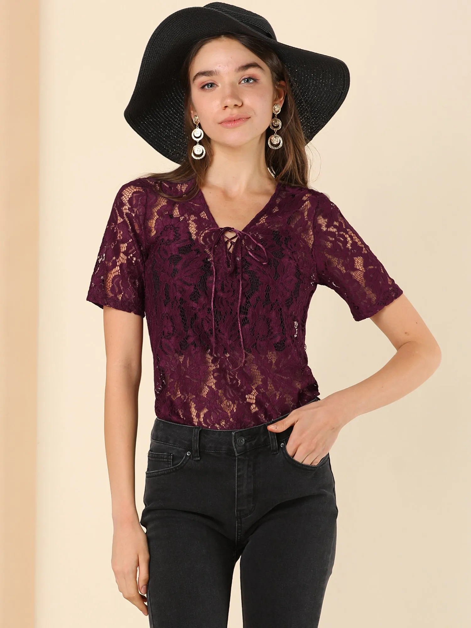 Tie V Neck Short Sleeve Sheer Floral Lace Blouse Top sold by Allegra K