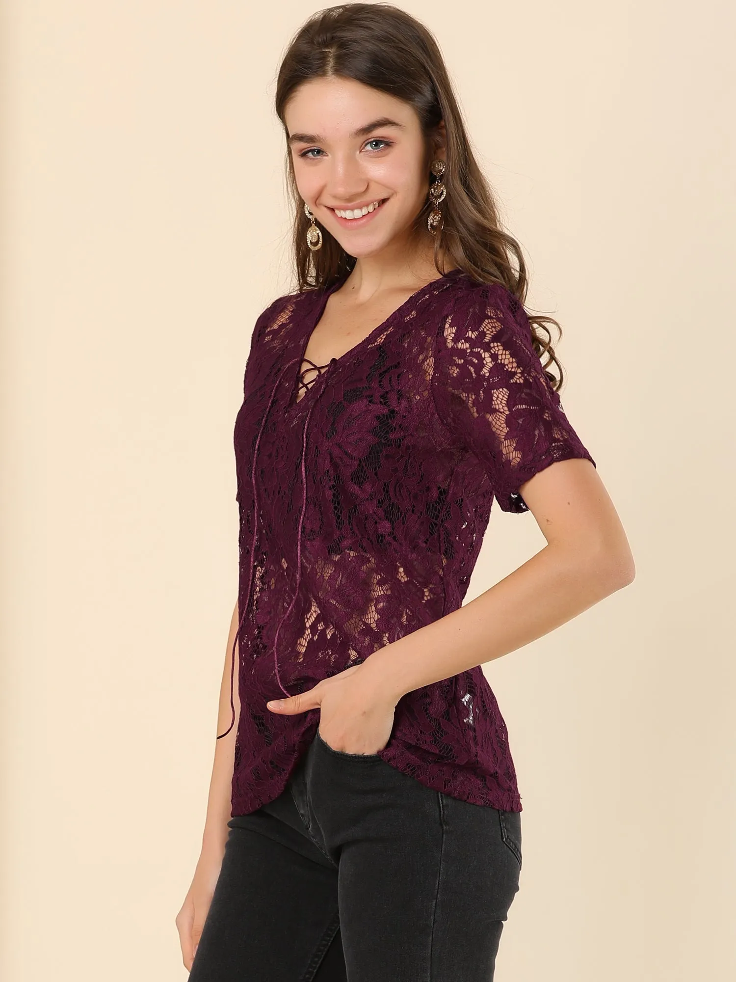 Tie V Neck Short Sleeve Sheer Floral Lace Blouse Top sold by Allegra K product image thumbnail 3