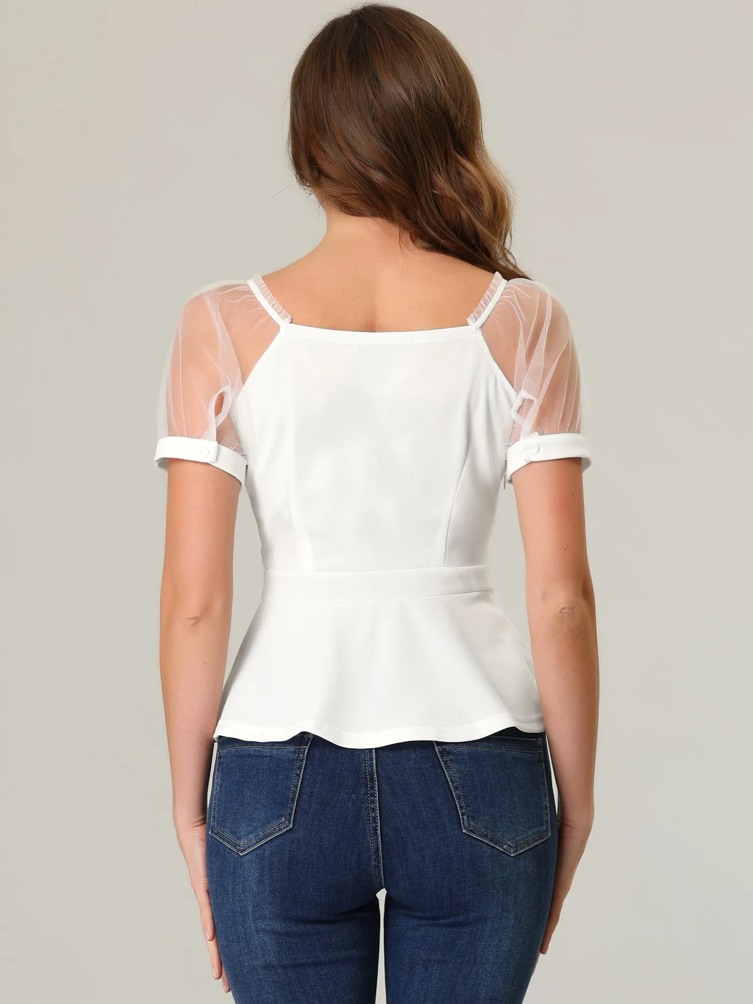 Square Neck Mesh Sheer Sleeve Peplum Tops sold by Allegra K product image thumbnail 3