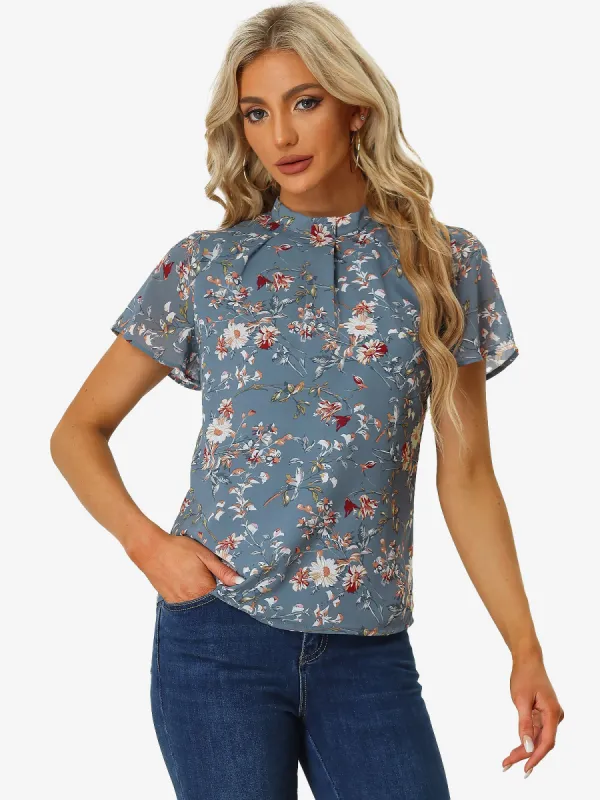 Short Sleeve Stand Collar Floral Summer Casual Chiffon Blouse sold by Allegra K