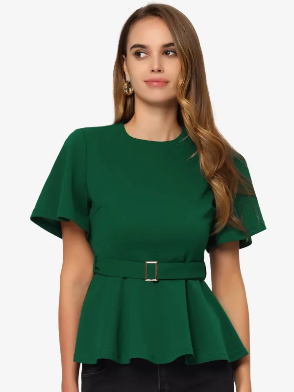 Peplum Round Neck Bell Sleeve Belted Waist Office Blouse sold by Allegra K