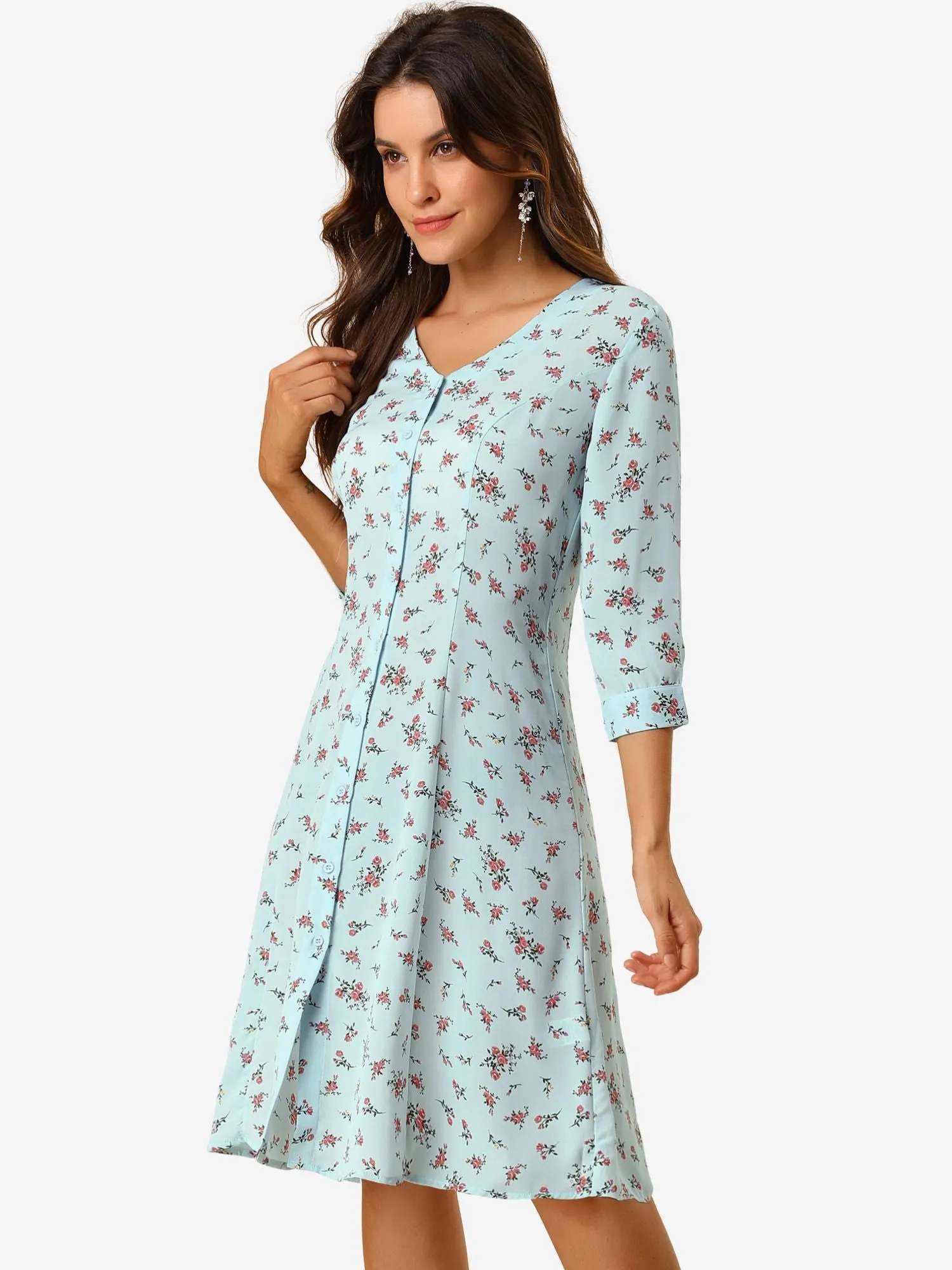 Floral Vintage V Neck 3/4 Sleeve Flare Button Front Midi Dress sold by Allegra K