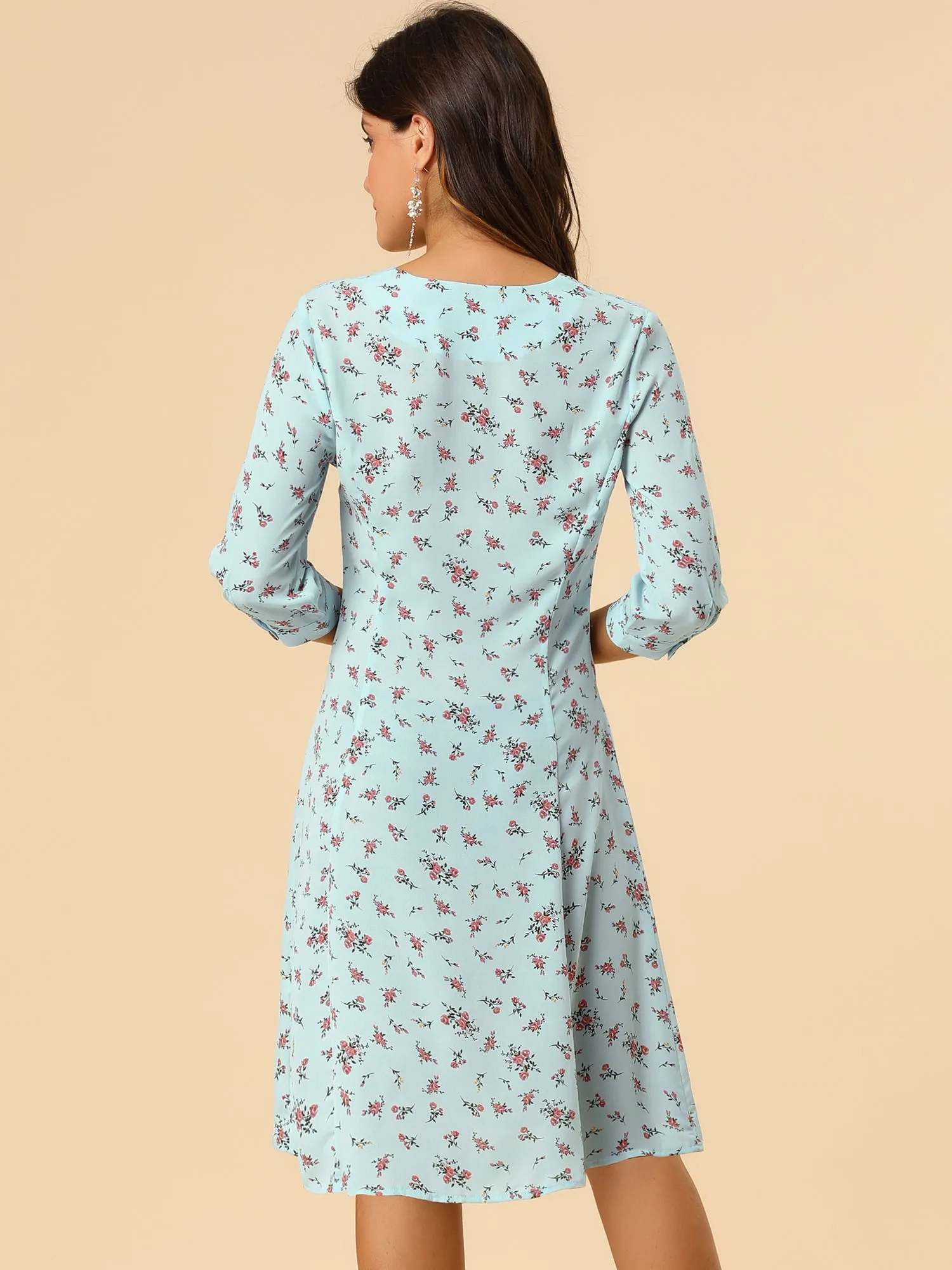 Floral Vintage V Neck 3/4 Sleeve Flare Button Front Midi Dress sold by Allegra K product image thumbnail 5