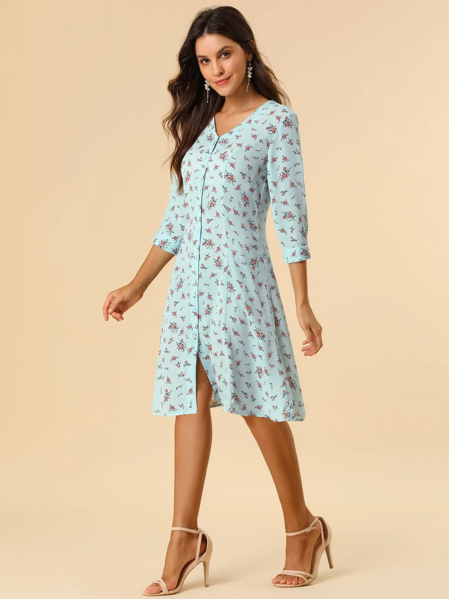 Floral Vintage V Neck 3/4 Sleeve Flare Button Front Midi Dress sold by Allegra K product image thumbnail 4