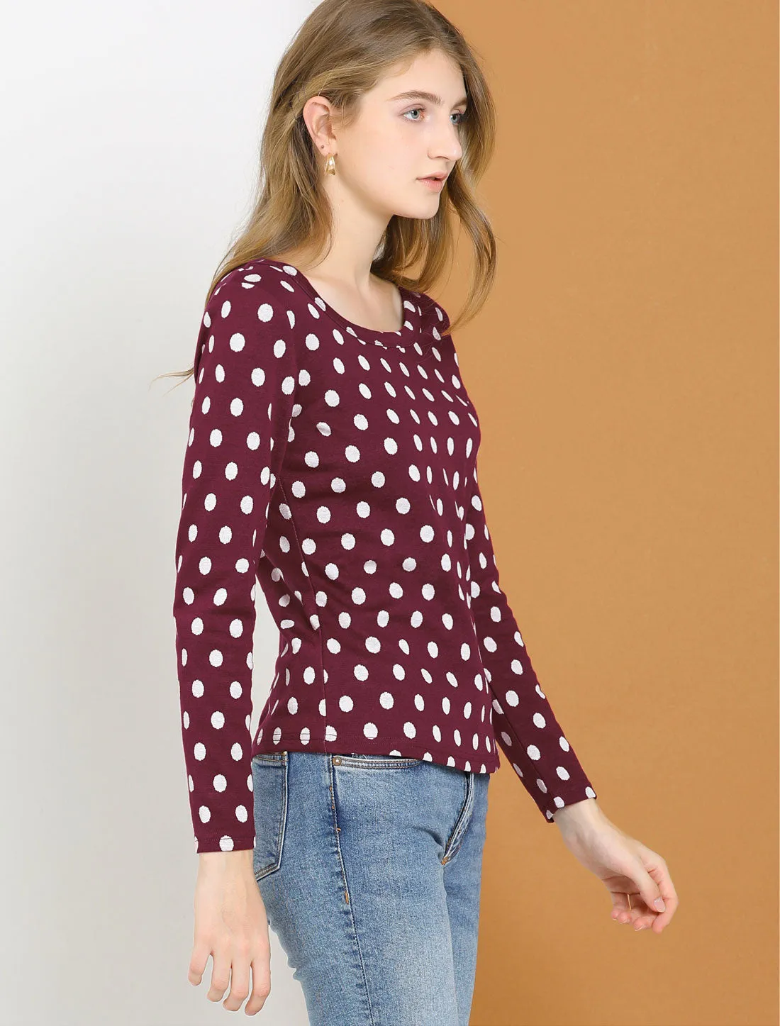 Cotton Slim Scoop Neck Stretchy Long Sleeve Polka Dots Sweater sold by Allegra K product image thumbnail 4