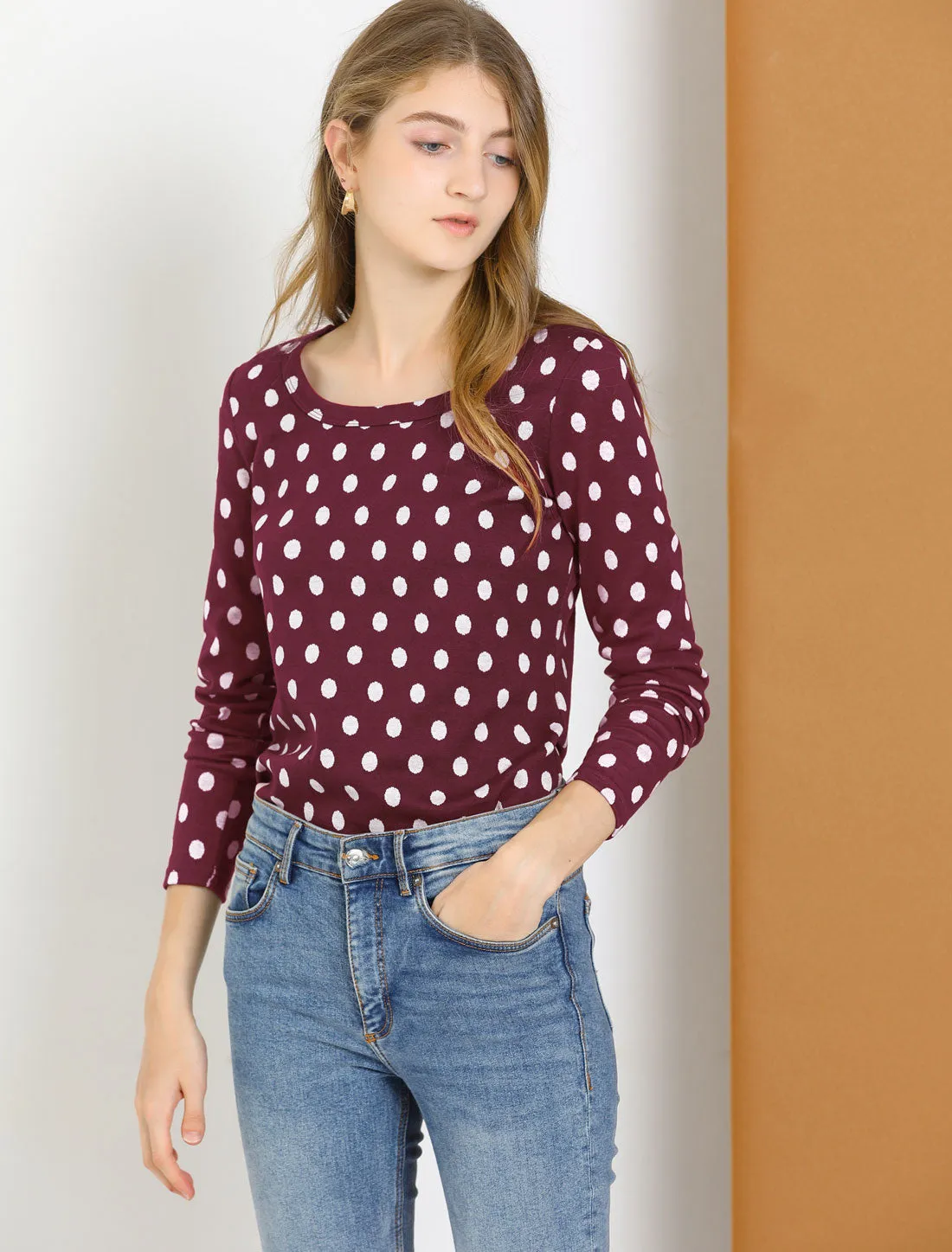 Cotton Slim Scoop Neck Stretchy Long Sleeve Polka Dots Sweater sold by Allegra K product image thumbnail 3