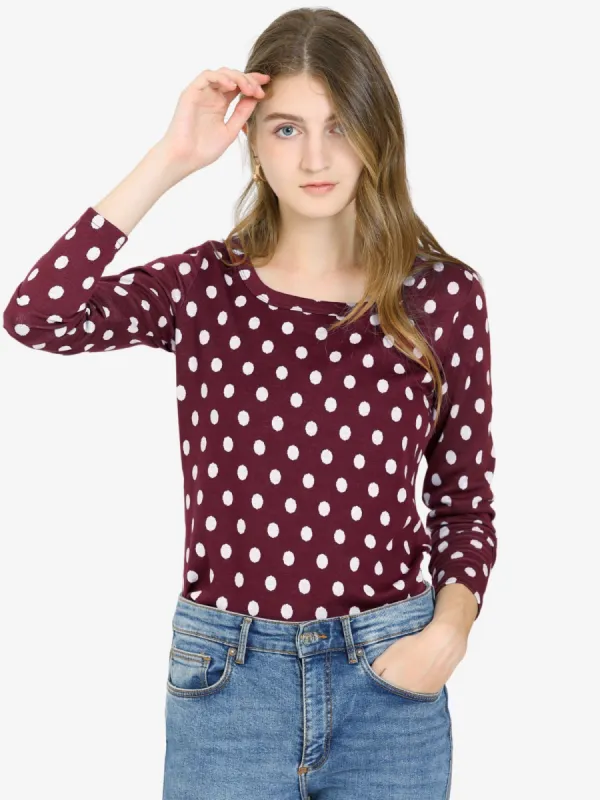 Cotton Slim Scoop Neck Stretchy Long Sleeve Polka Dots Sweater sold by Allegra K
