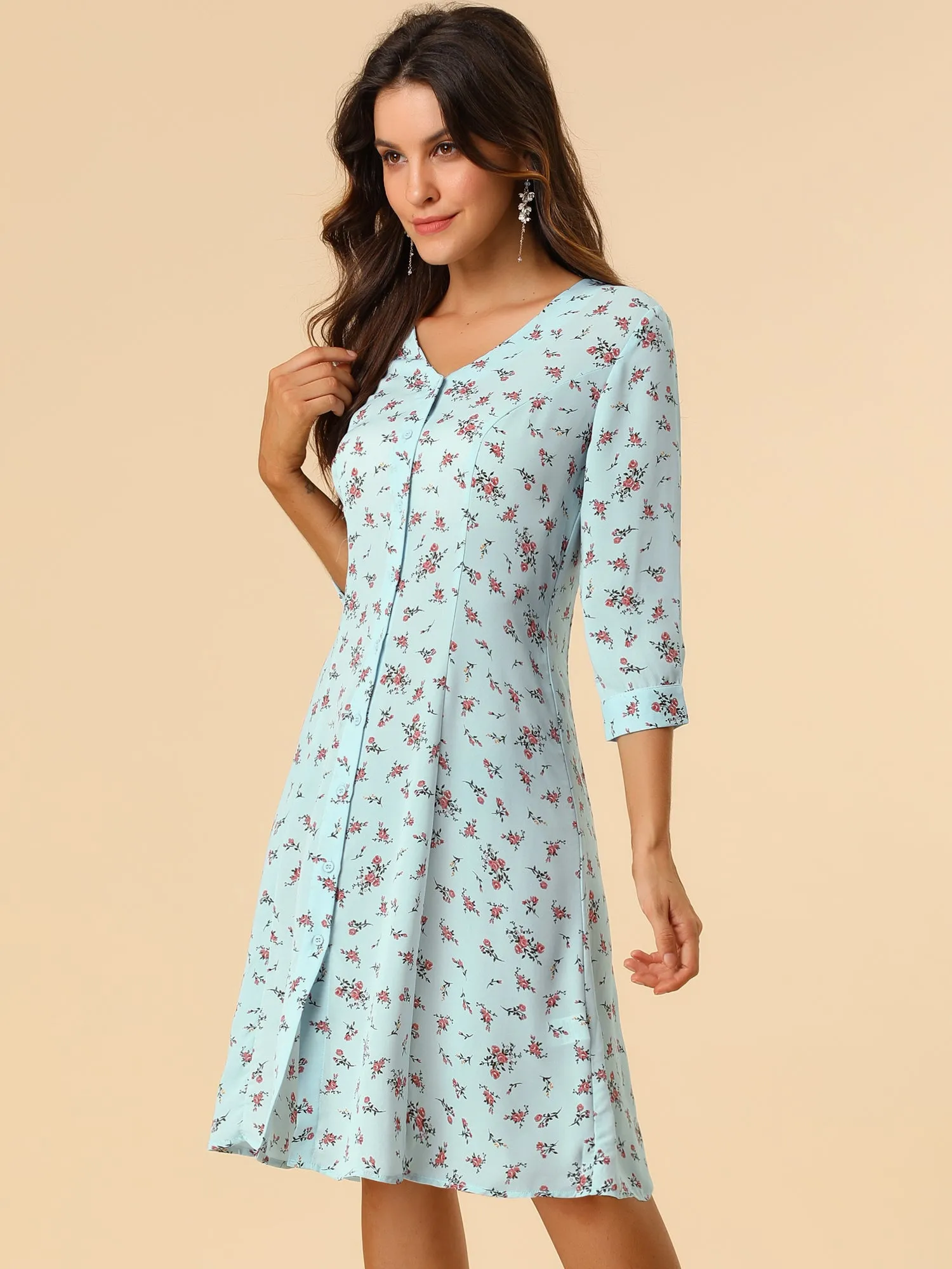 Floral Vintage V Neck 3/4 Sleeve Flare Button Front Midi Dress sold by Allegra K product image thumbnail 2