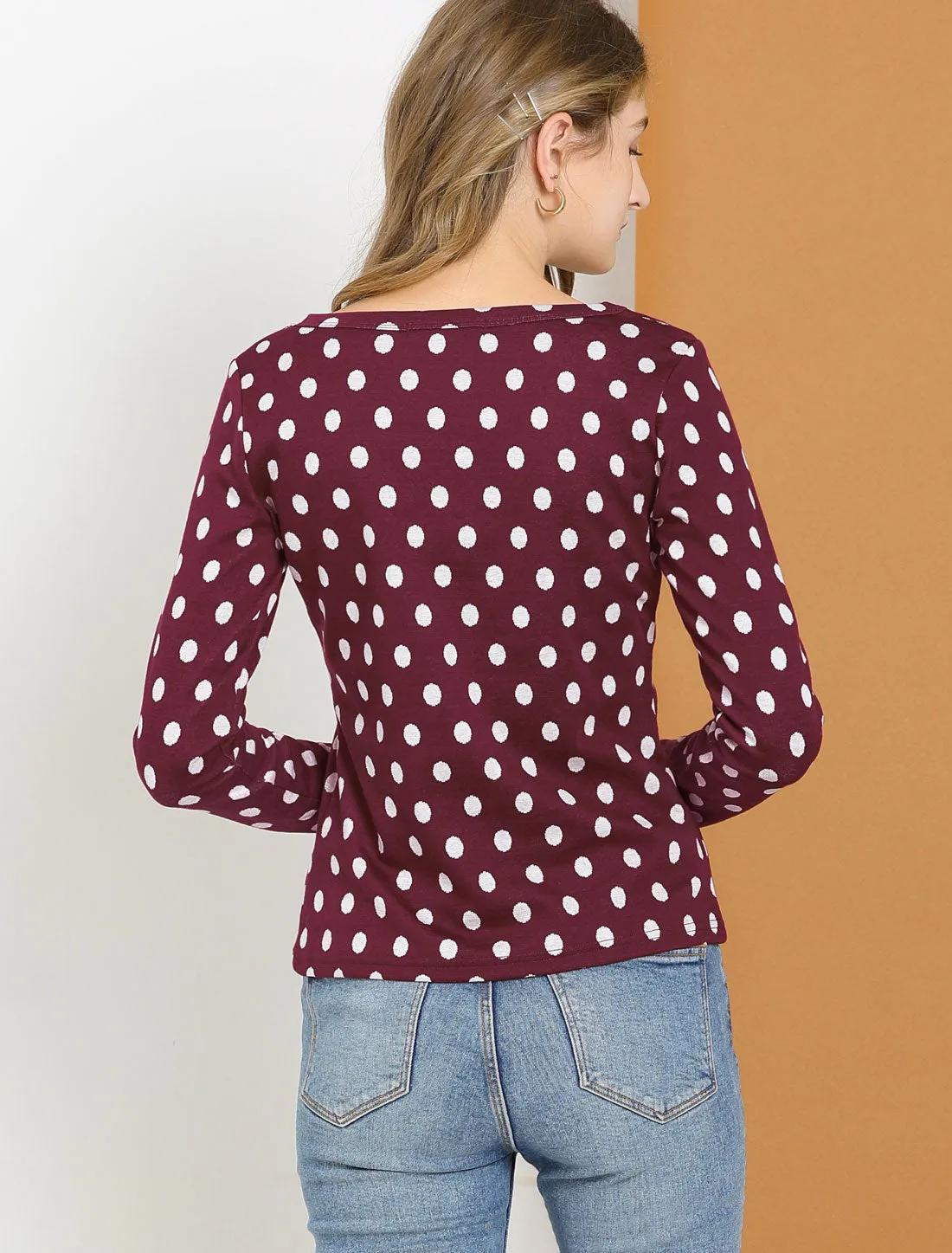 Cotton Slim Scoop Neck Stretchy Long Sleeve Polka Dots Sweater sold by Allegra K product image thumbnail 5