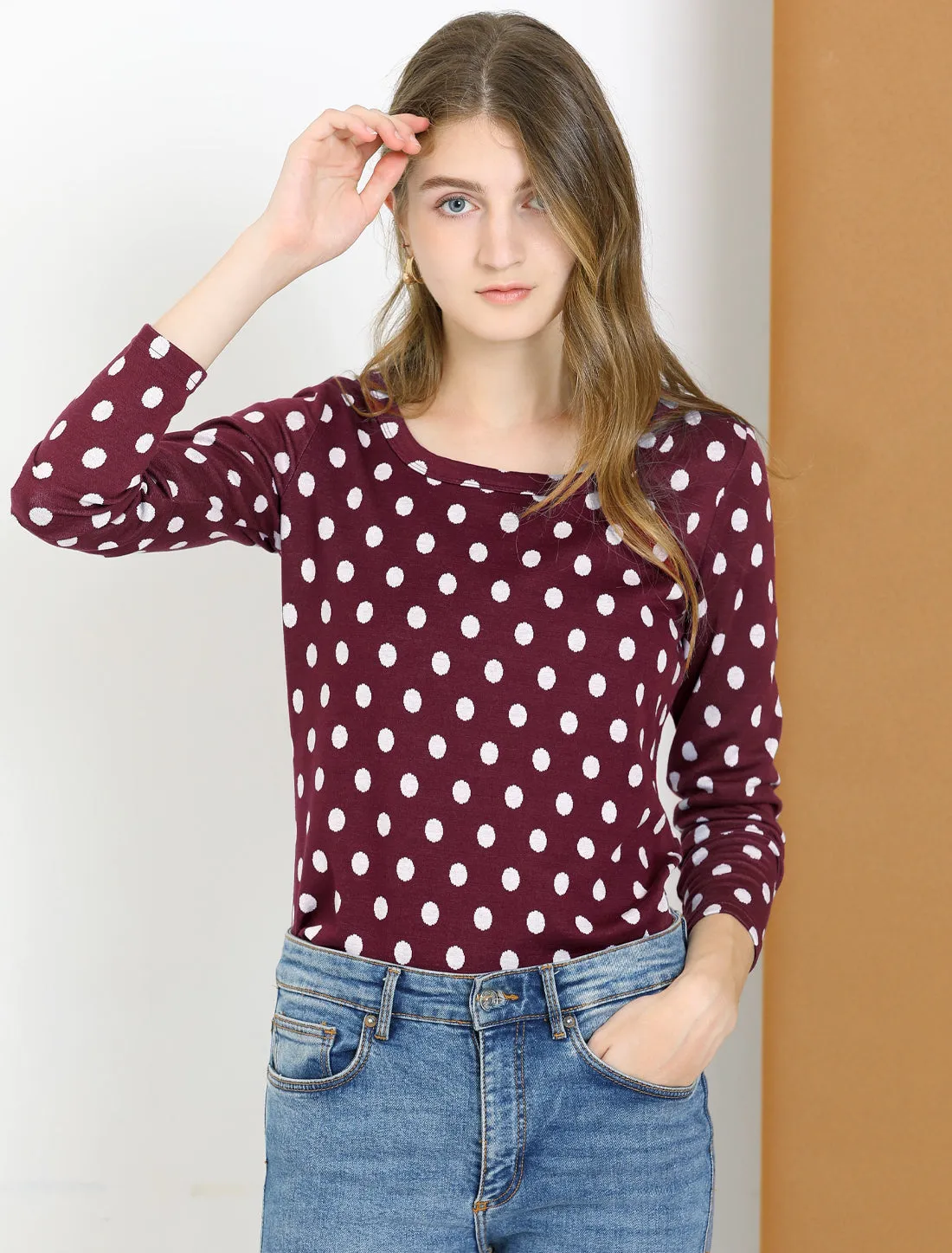 Cotton Slim Scoop Neck Stretchy Long Sleeve Polka Dots Sweater sold by Allegra K product image thumbnail 2