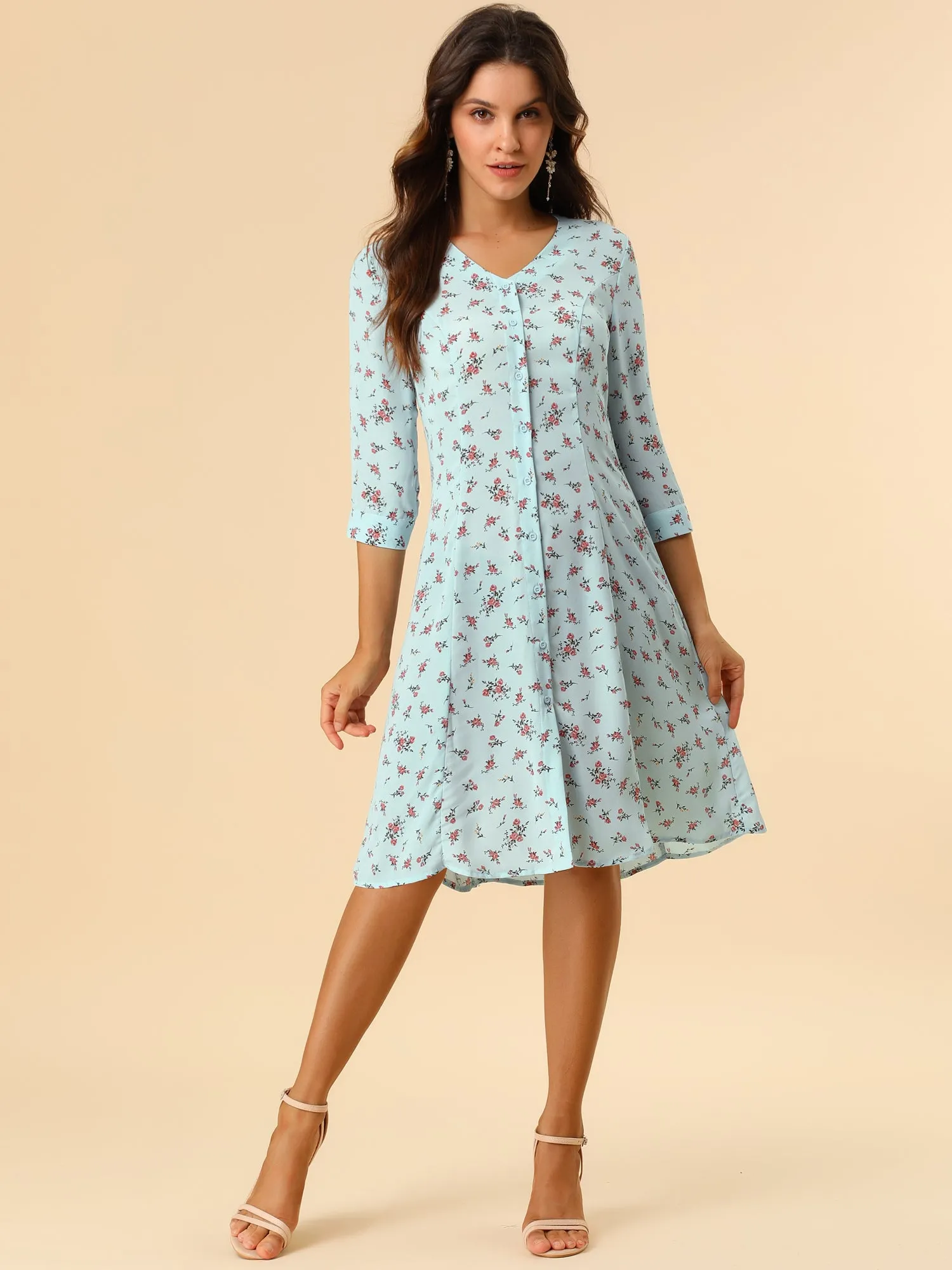 Floral Vintage V Neck 3/4 Sleeve Flare Button Front Midi Dress sold by Allegra K product image thumbnail 3
