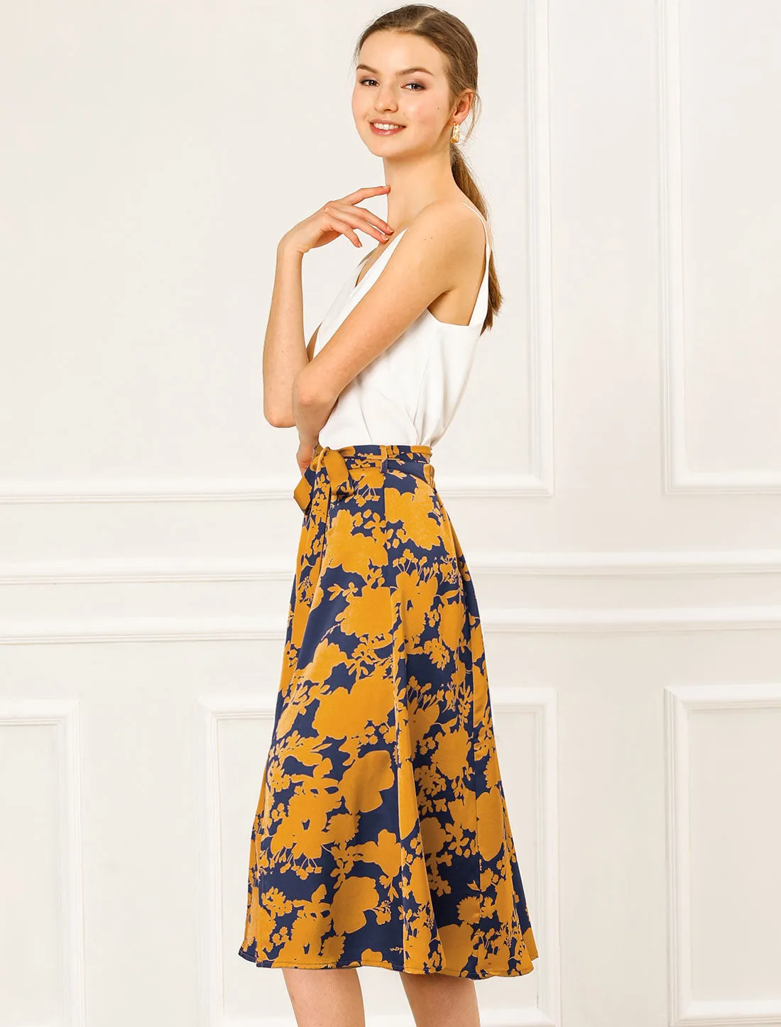Slits Front High Waist A-Line Belted Floral Flowy Midi Skirt sold by Allegra K product image thumbnail 3