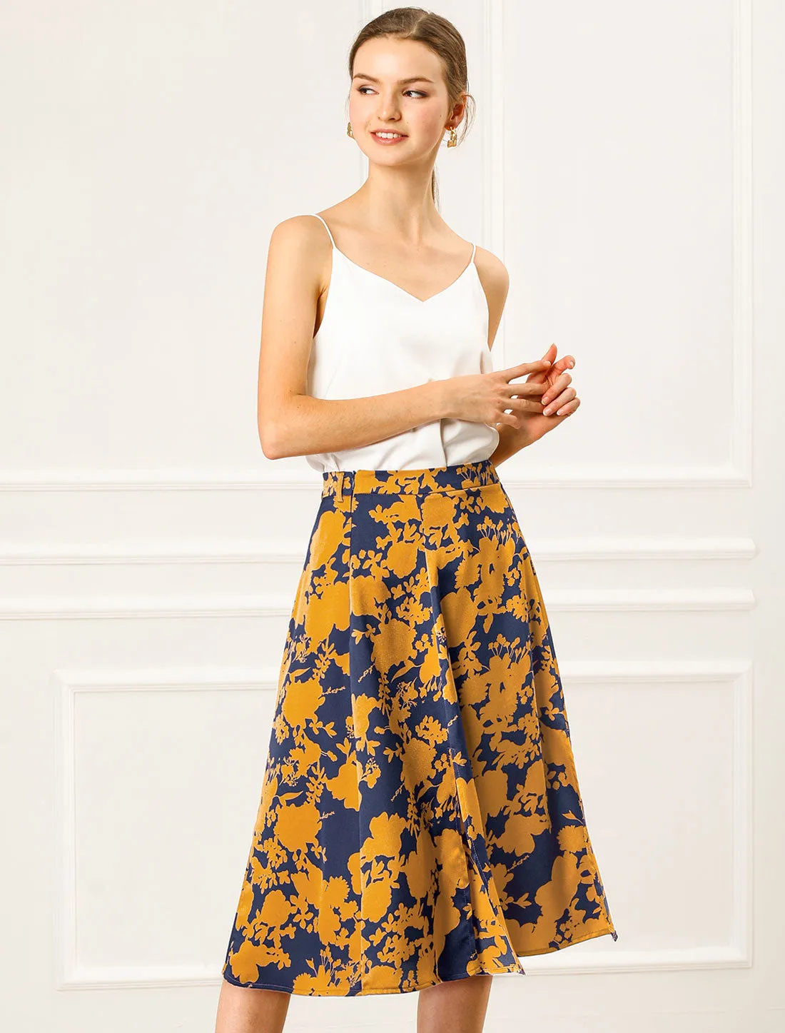 Slits Front High Waist A-Line Belted Floral Flowy Midi Skirt sold by Allegra K product image thumbnail 2