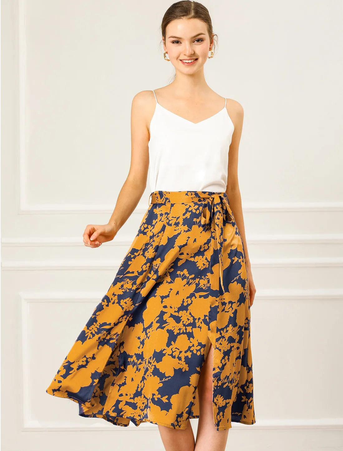 Slits Front High Waist A-Line Belted Floral Flowy Midi Skirt sold by Allegra K