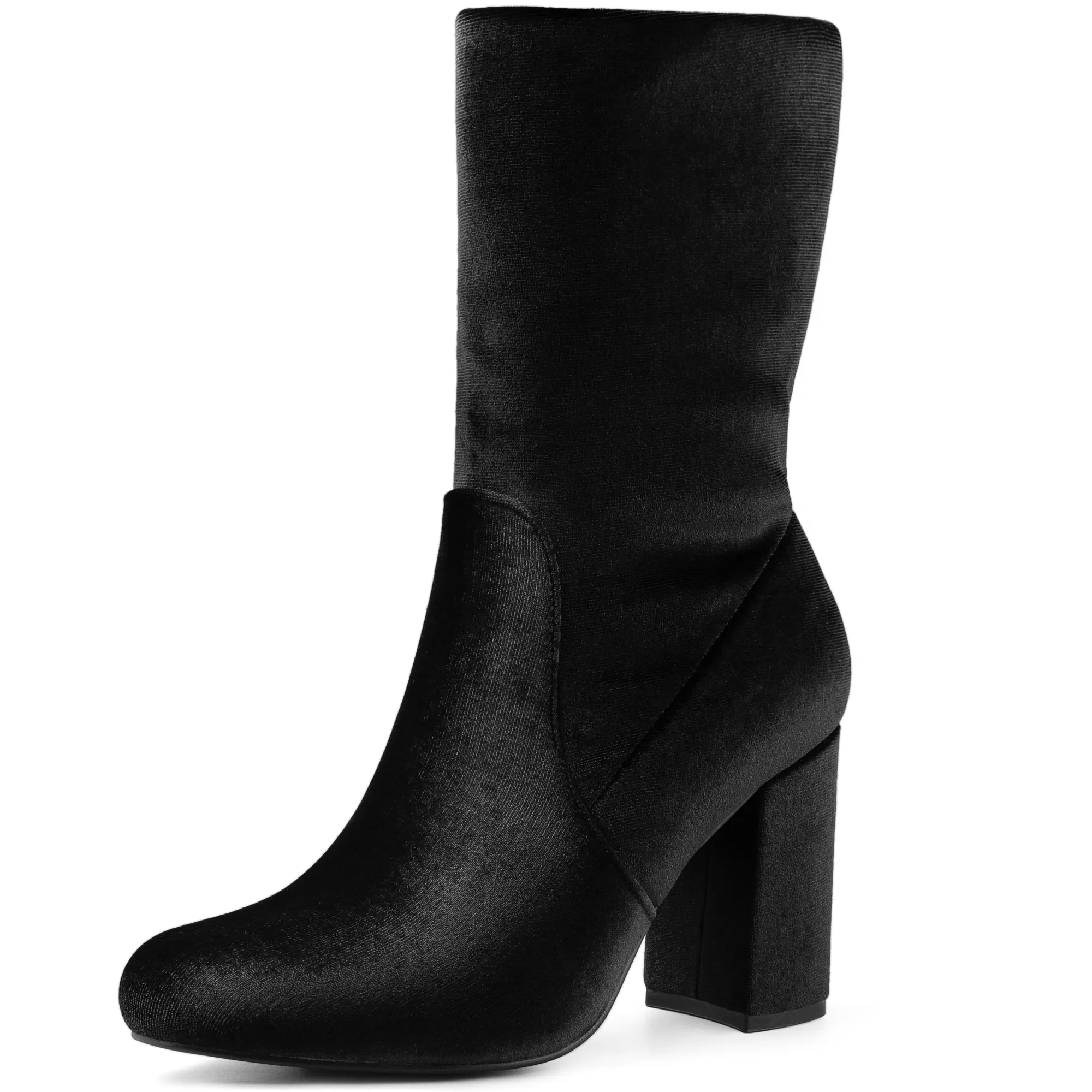 Round Toe Block Heel Foldable Mid Calf Faux Velvet Boots sold by Allegra K product image thumbnail 2