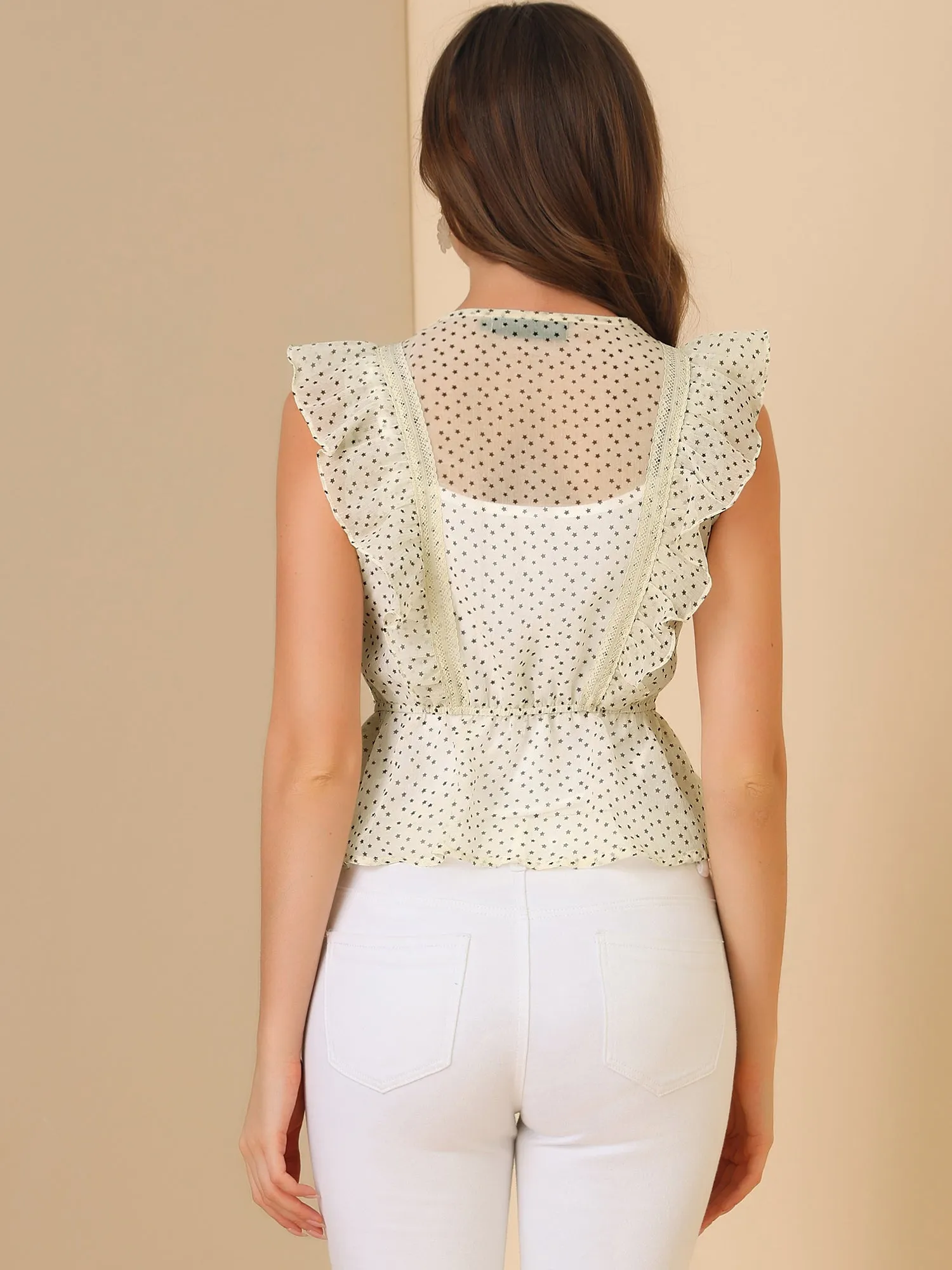 Peplum Top Stars Print Mesh Ruffle Sleeveless Button Down Blouse sold by Allegra K product image thumbnail 4