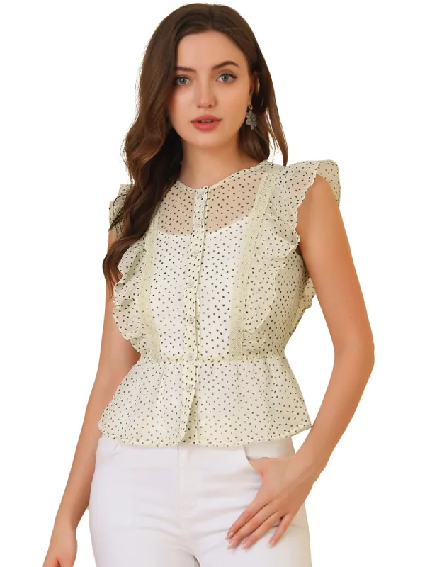 Peplum Top Stars Print Mesh Ruffle Sleeveless Button Down Blouse sold by Allegra K