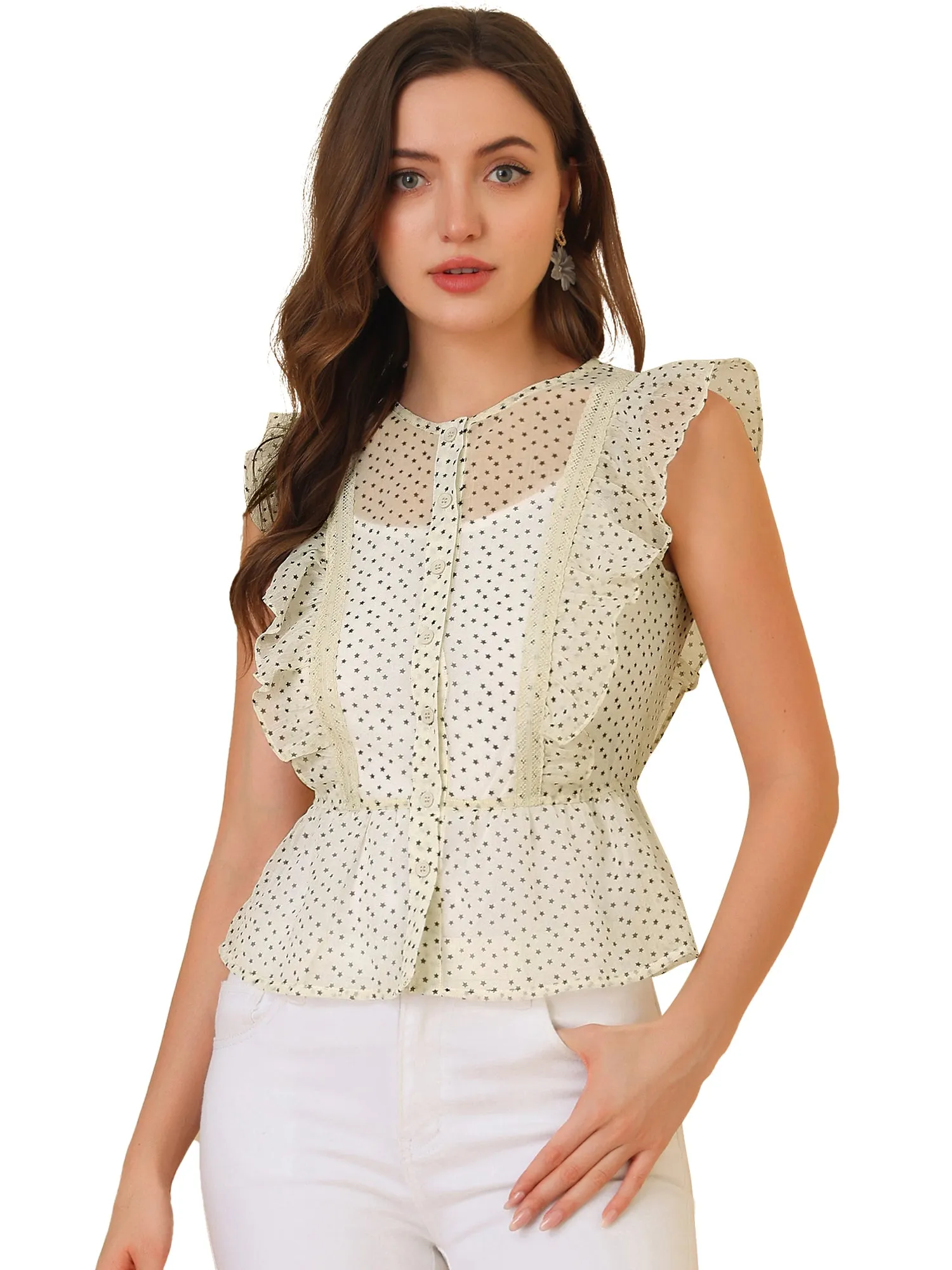 Peplum Top Stars Print Mesh Ruffle Sleeveless Button Down Blouse sold by Allegra K